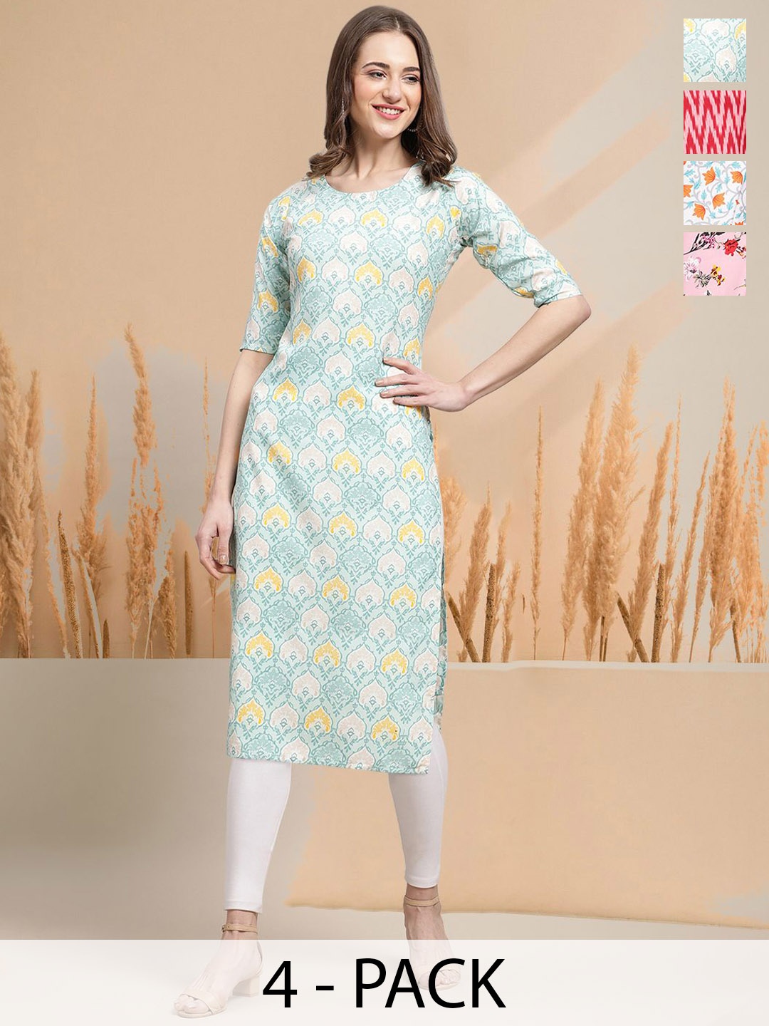 

7Threads Selection Of 4 Ethnic Motifs Printed Round Neck Straight Kurtas, Blue