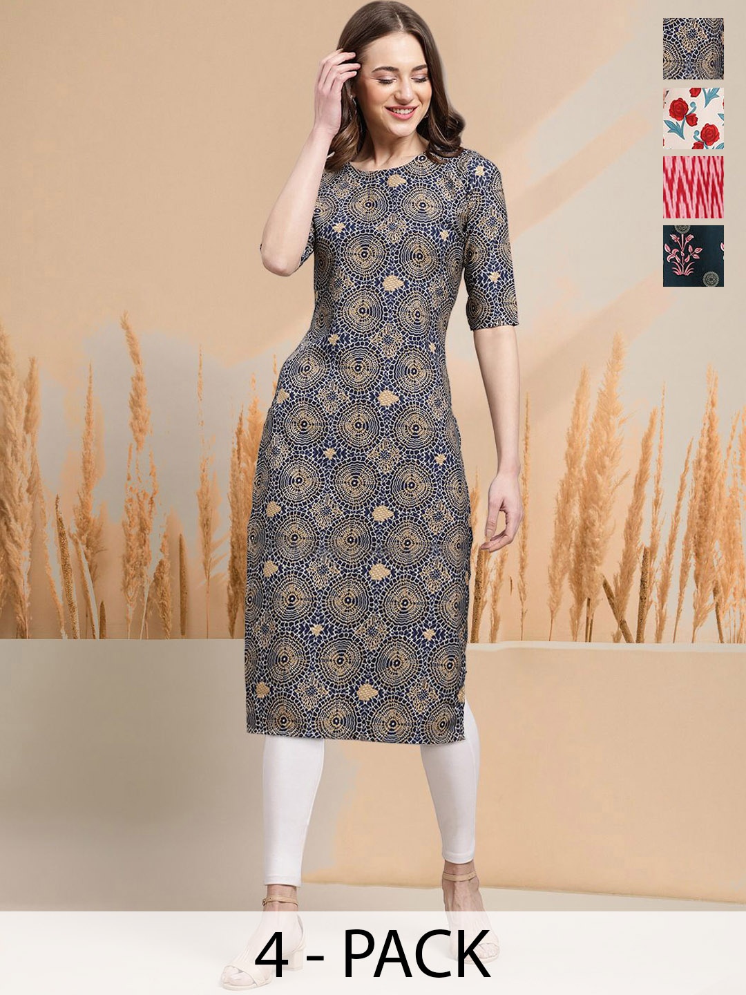 

7Threads Selection Of 4 Geometric Printed Round Neck Straight Kurtas, Blue