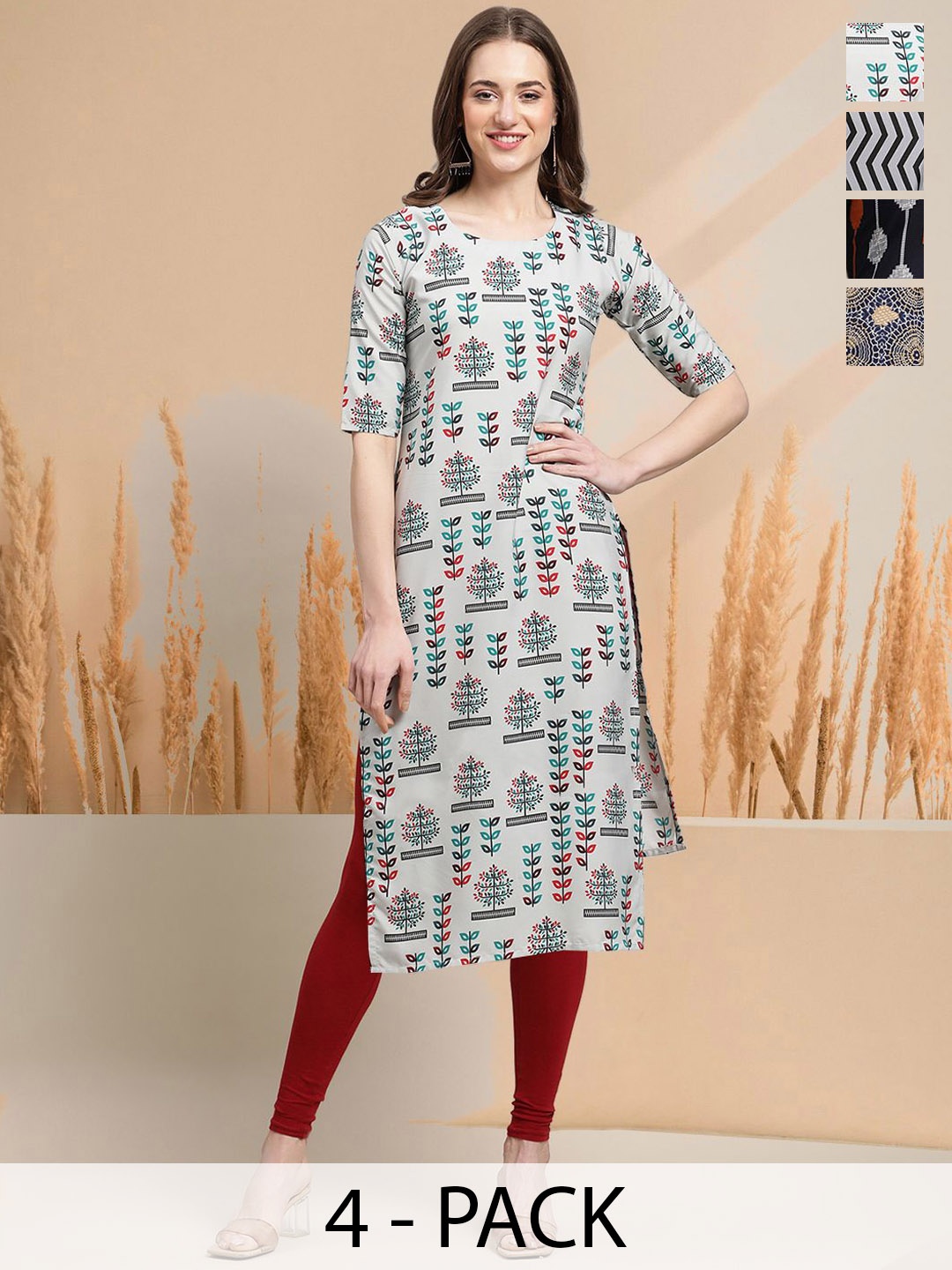 

7Threads Selection Of 4 Floral Printed Round Neck Straight Kurtas, White