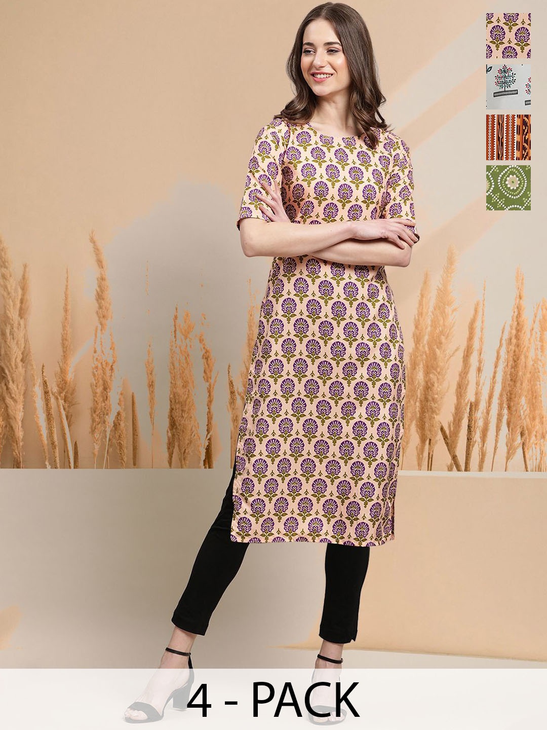 

7Threads Selection Of 4 Ethnic Motifs Printed Round Neck Straight Kurtas, Peach