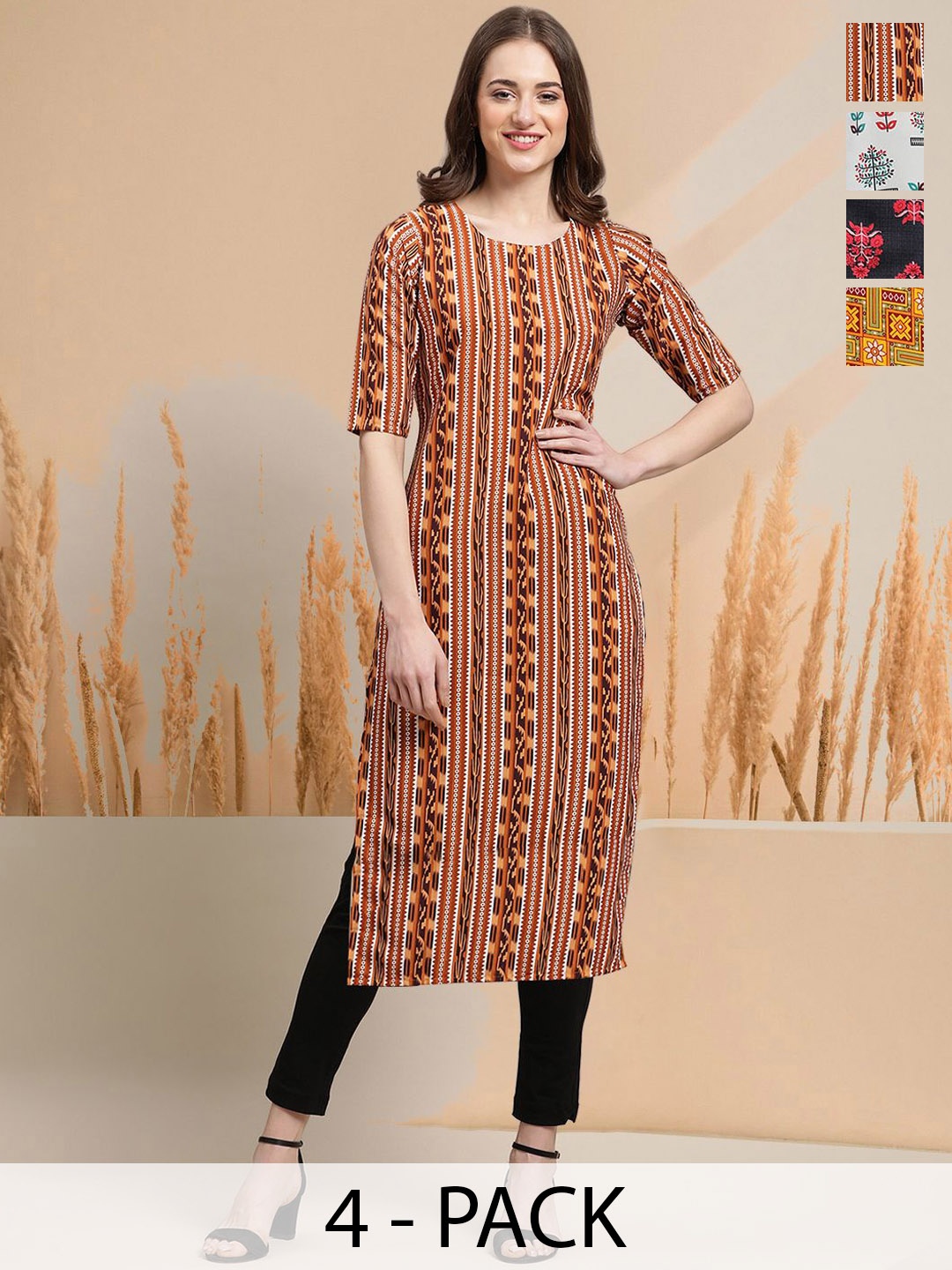 

7Threads Selection Of 4 Ethnic Motifs Printed Round Neck Straight Kurtas, Red
