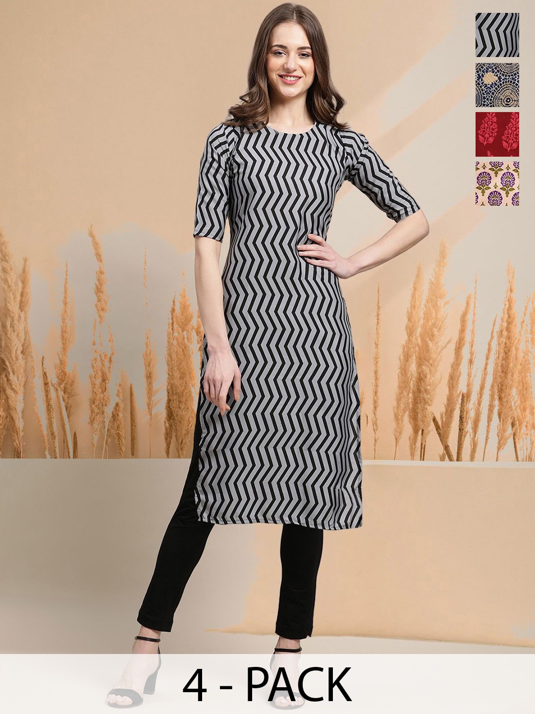 

7Threads Selection Of 4 Chevron Printed Round Neck Straight Kurtas, Grey