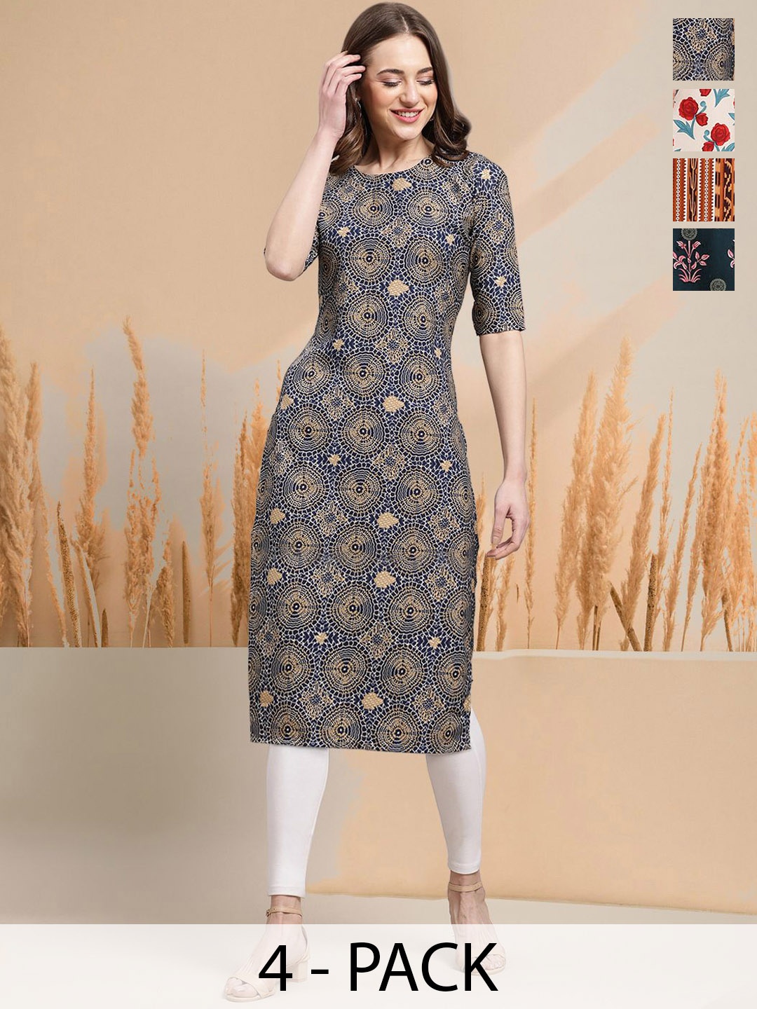 

7Threads Selection Of 4 Geometric Printed Round Neck Straight Kurtas, Navy blue