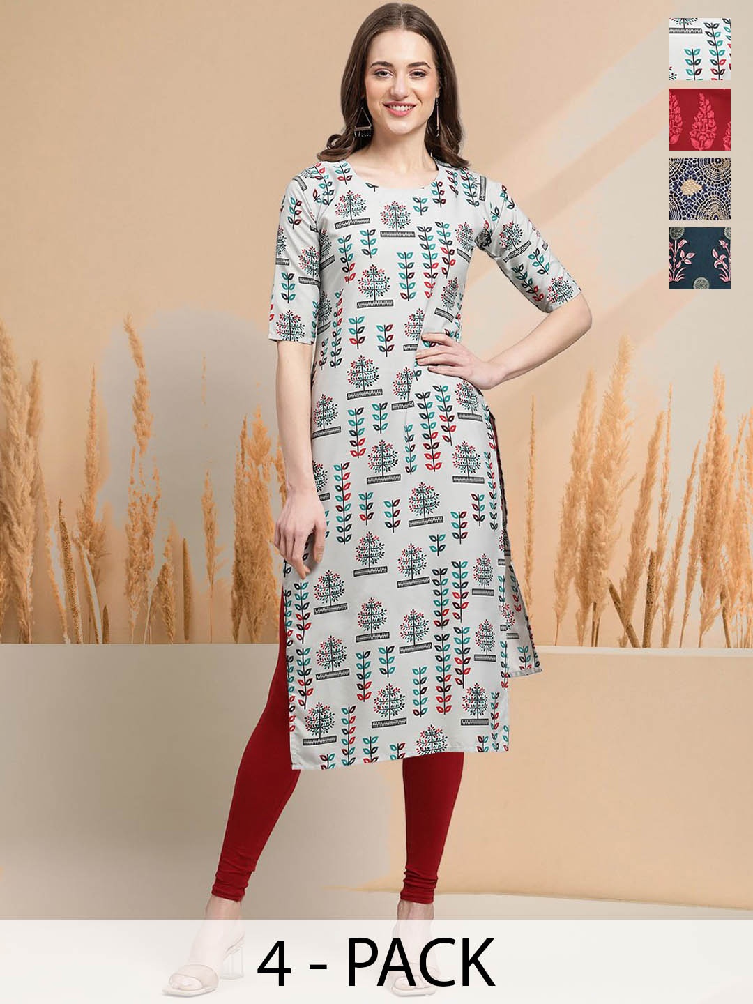 

7Threads Selection Of 4 Ethnic Motifs Printed Round Neck Straight Kurtas, Grey