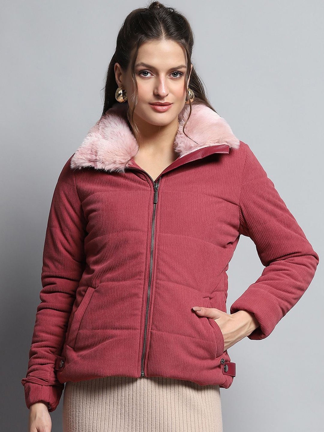 

Monte Carlo Women Spread Collar Solid Casual Parka Lightweight Jacket, Pink