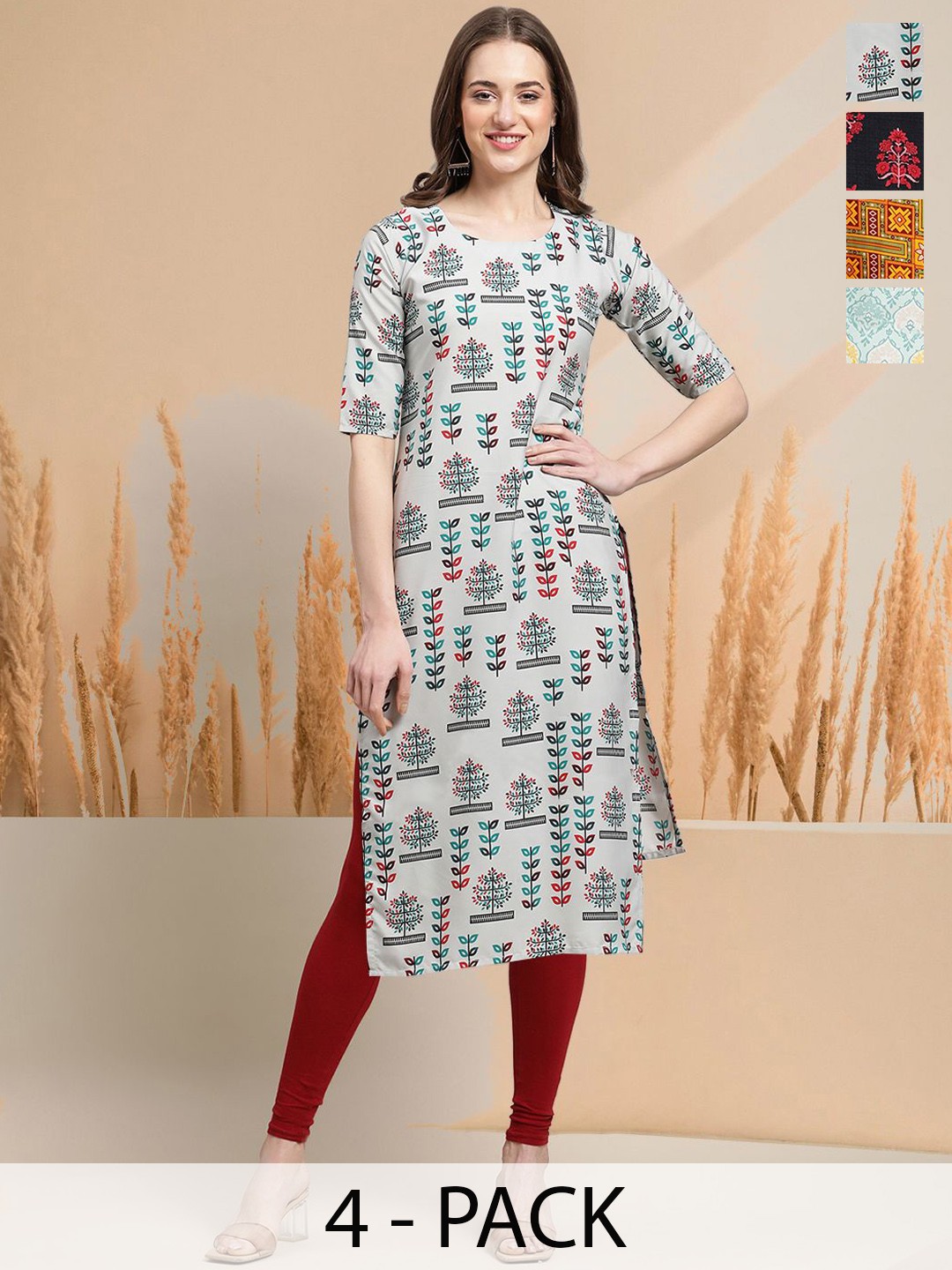 

7Threads Selection of 4 Floral Printed Round Neck Straight Kurtas, White