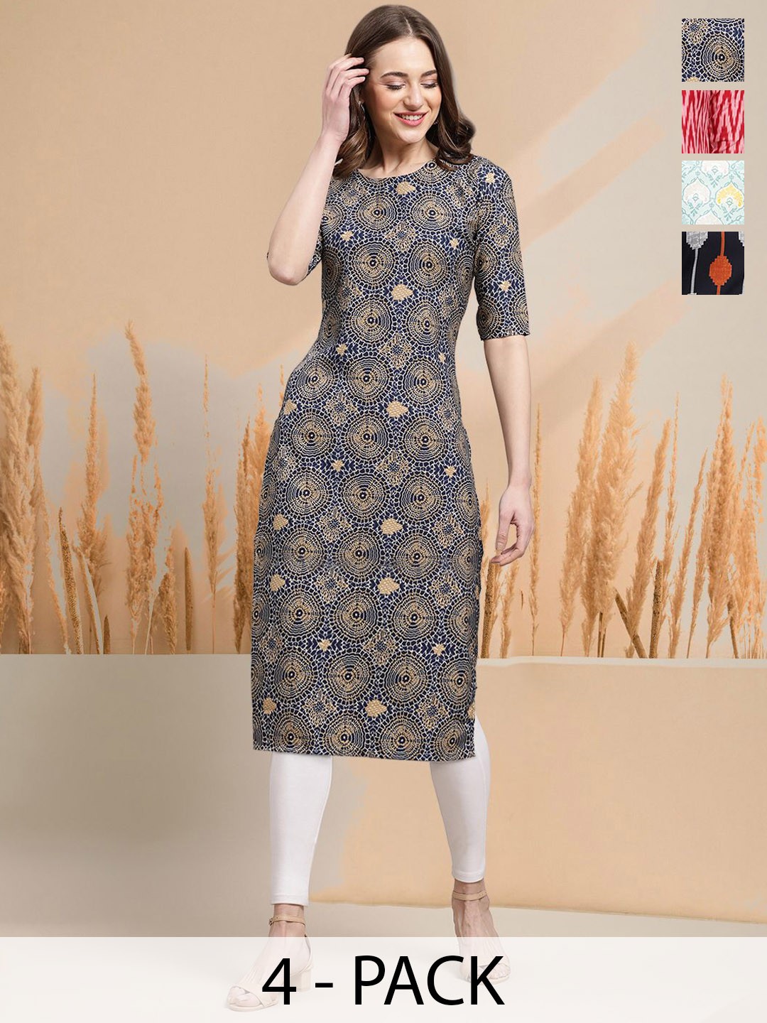 

7Threads Selection Of 4 Ethnic Motifs Printed Round Neck Kurtas, Blue