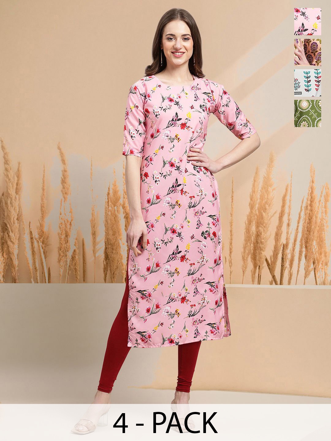 

7Threads Selection Of 4 Floral Printed Round Neck Straight Kurtas, Pink