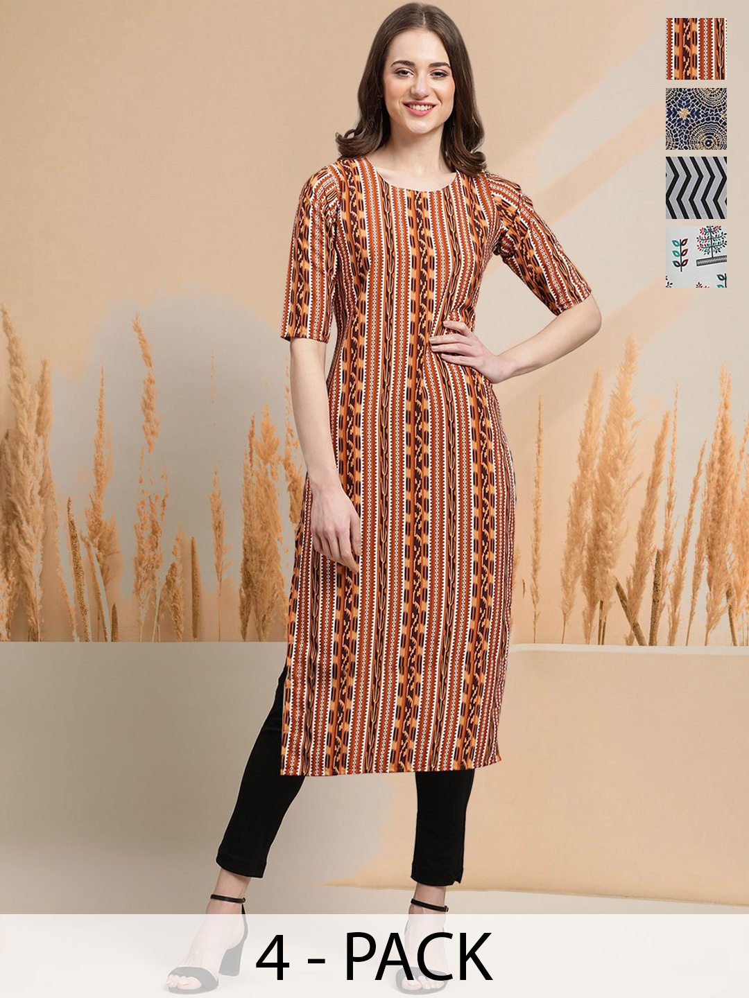

7Threads Selection Of 4 Ethnic Motifs Printed Round Neck Straight Kurtas, Brown