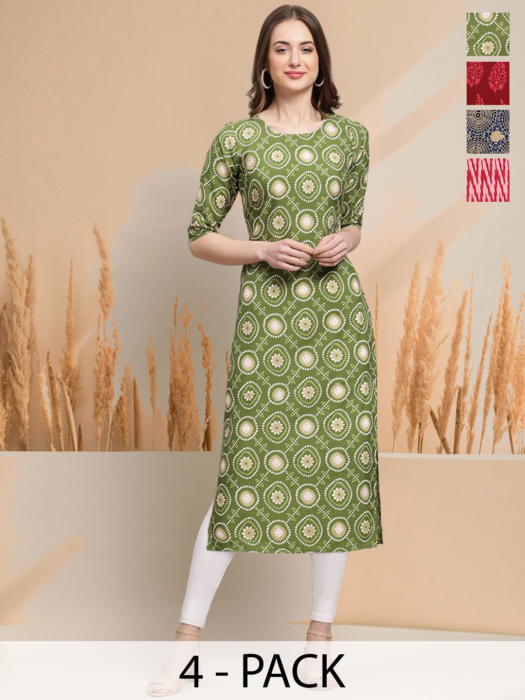 

7Threads Selection of 4 Geometric Printed Round Neck Straight Kurtas, Green
