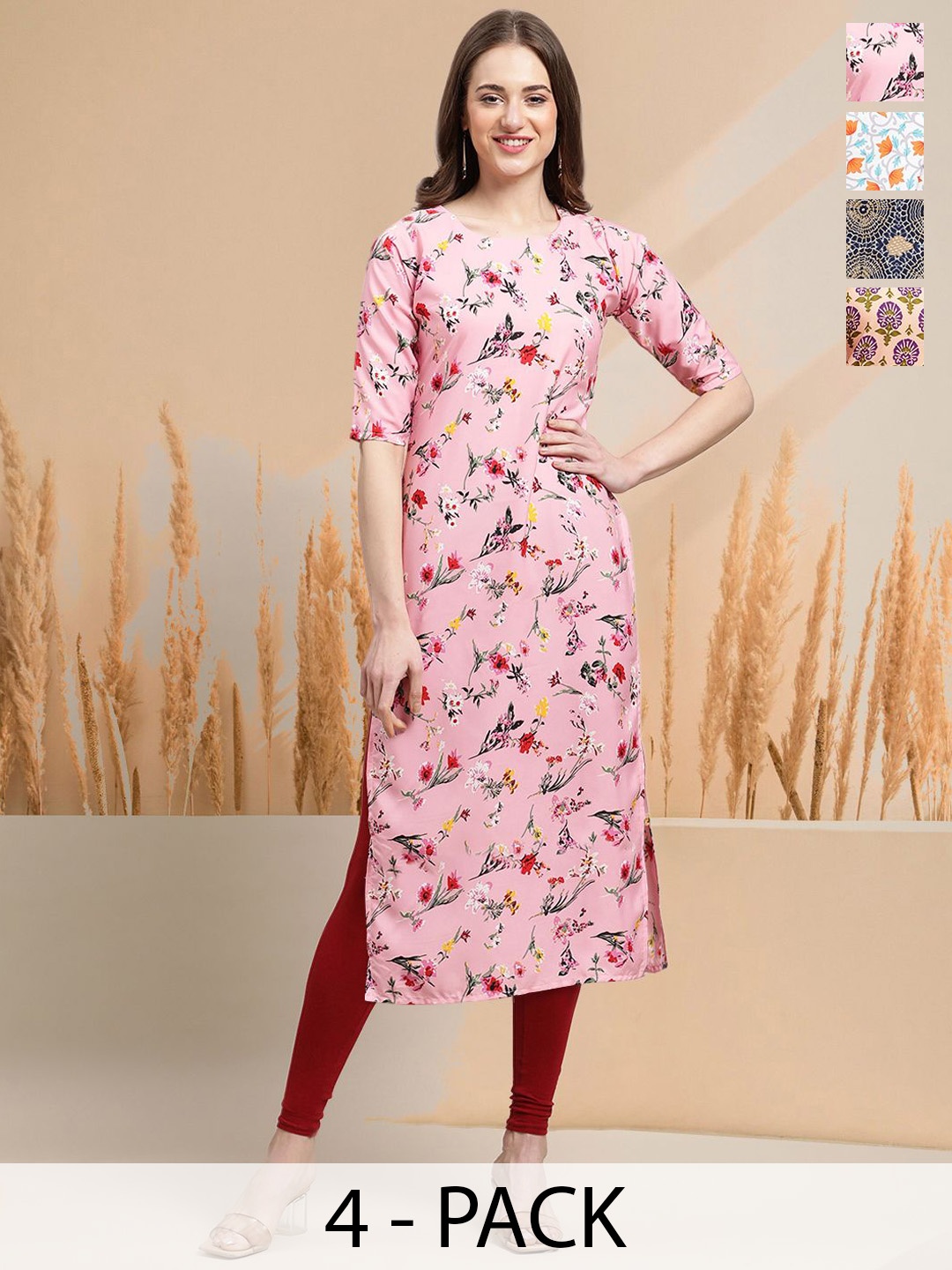 

7Threads Selection Of 4 Floral Printed Round Neck Straight Kurtas, Pink