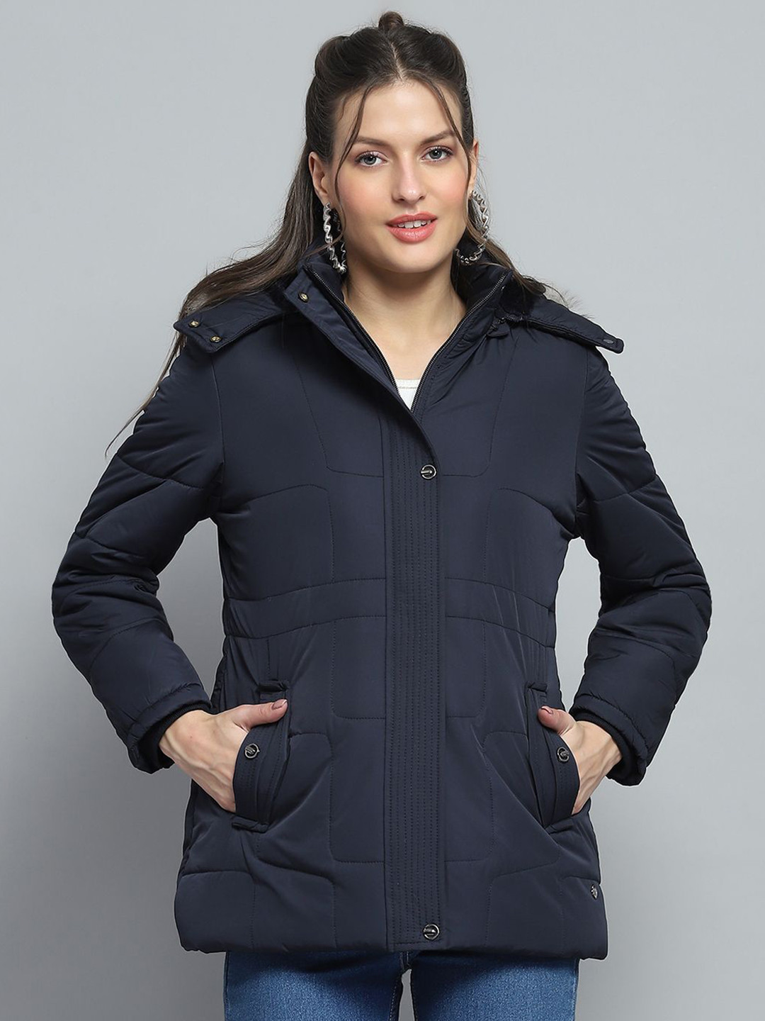 

Monte Carlo Women Hooded Solid Casual Parka Lightweight Jacket, Navy blue