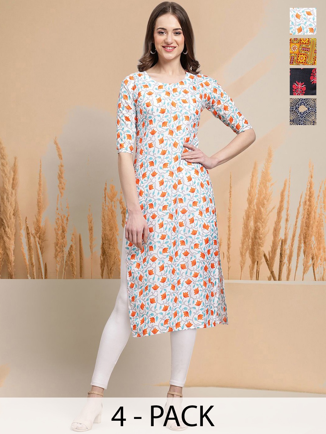

7Threads Selection Of 4 Floral Printed Round Neck Straight Kurtas, White