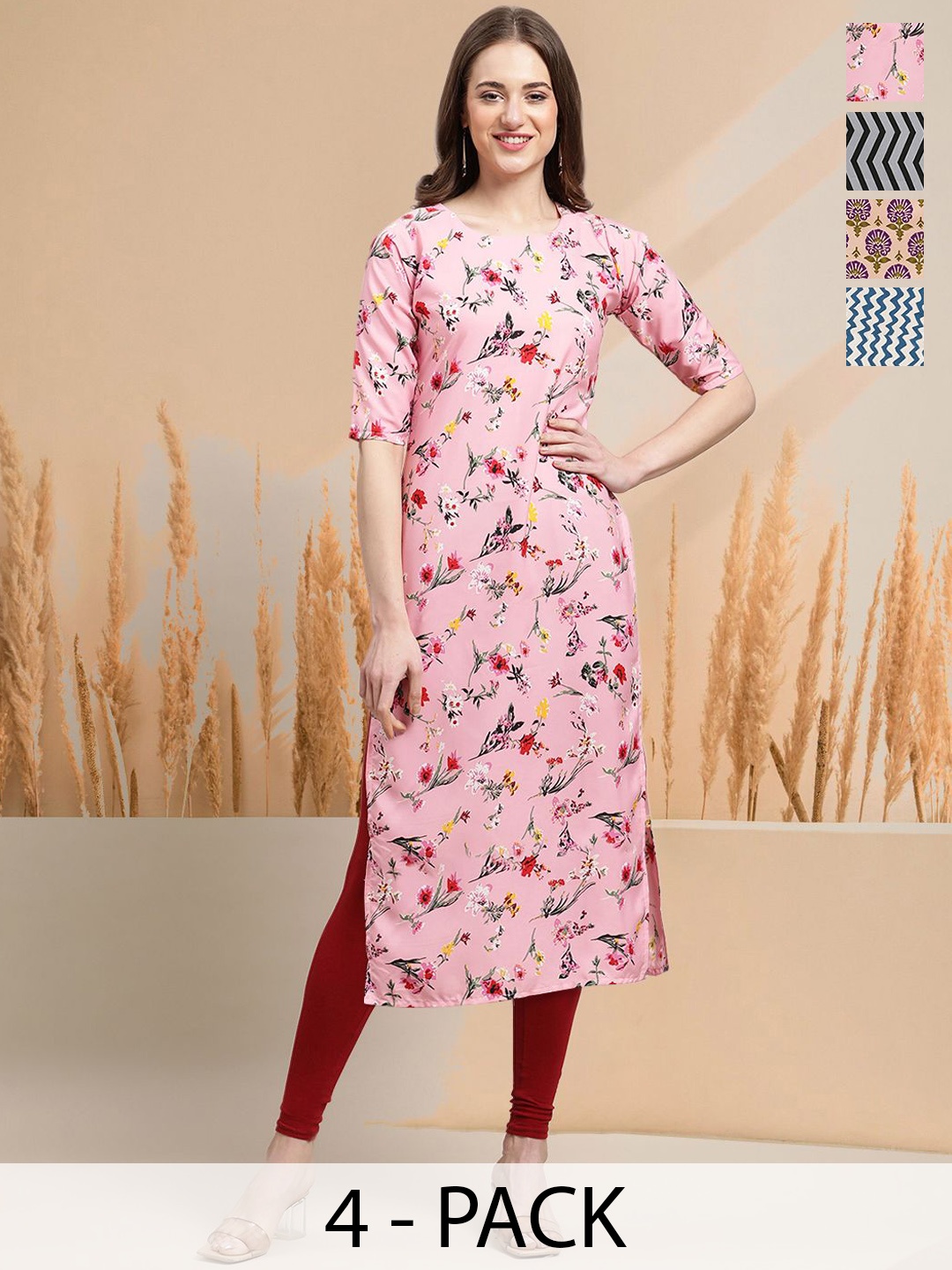 

7Threads Selection Of 4 Floral Printed Round Neck Kurta, Pink