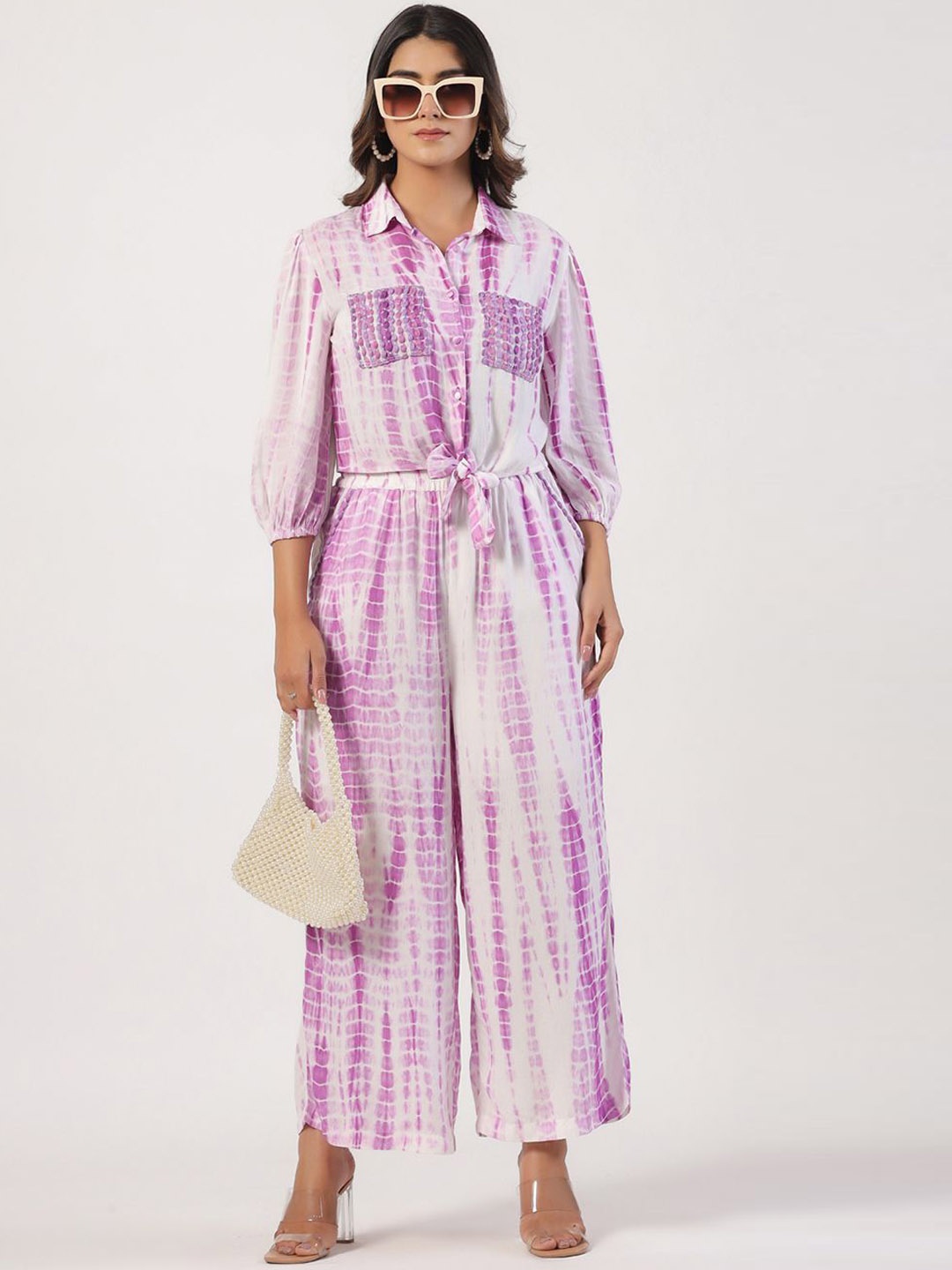 

STIL O STITCH Dyed Three-Quarter Sleeves Top With Trousers, Pink