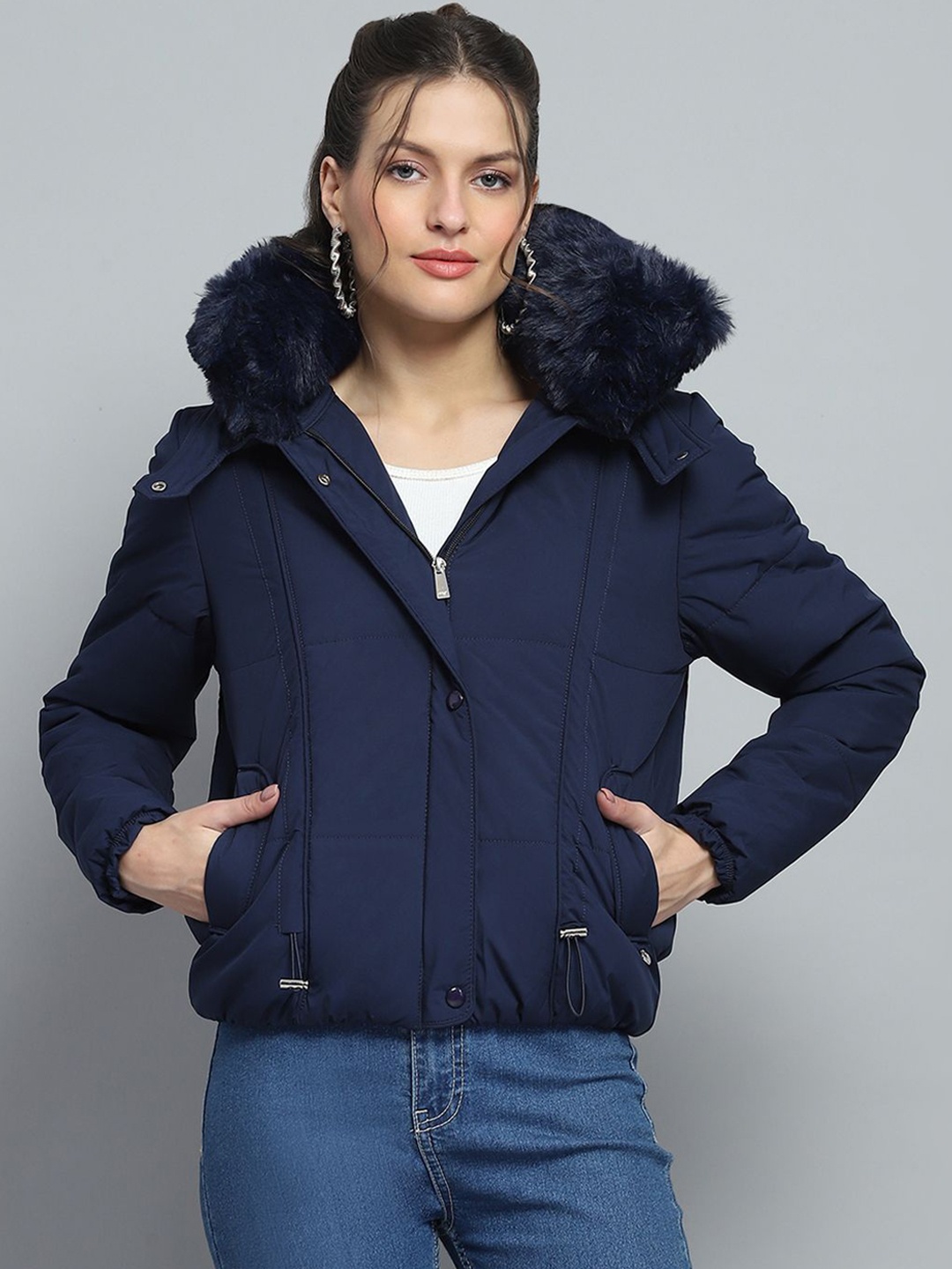 

Monte Carlo Women Solid Long Sleeves Detachable Collar Lightweight Padded Jacket, Navy blue