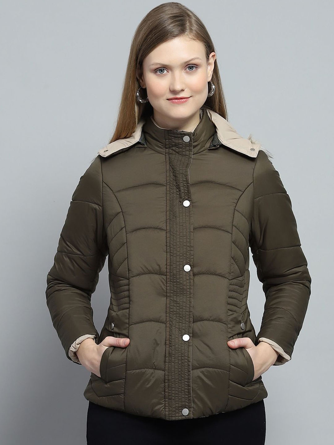 

Monte Carlo Women Hooded Solid Casual Parka Lightweight Jacket, Olive