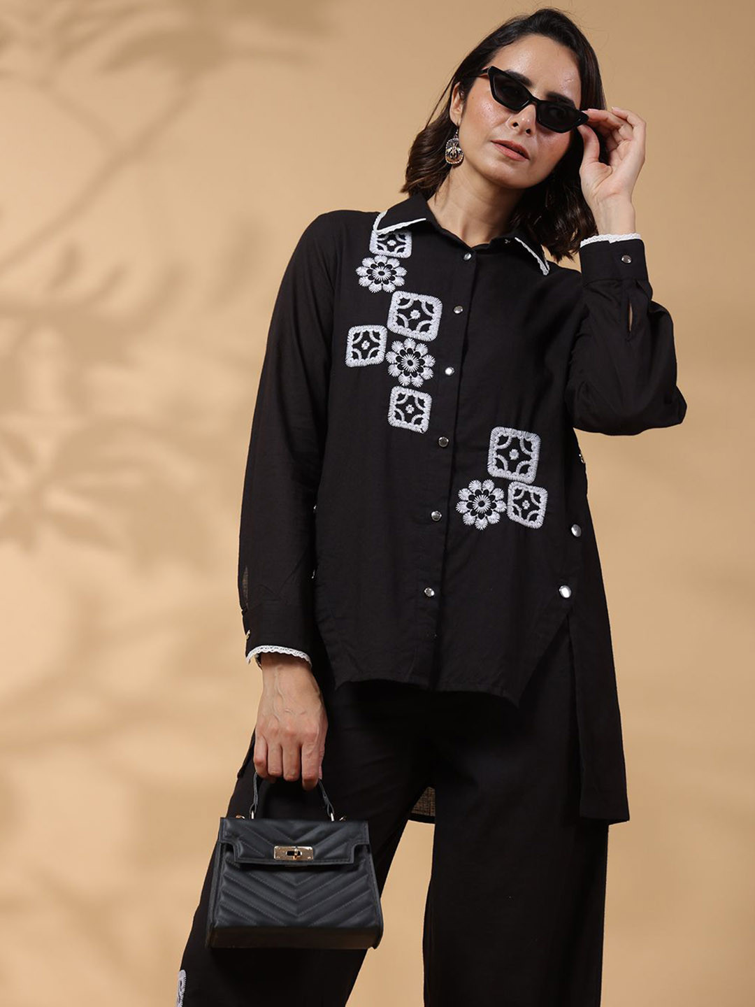 

STIL O STITCH Embroidered Pure Cotton Shirt With Trouser, Black