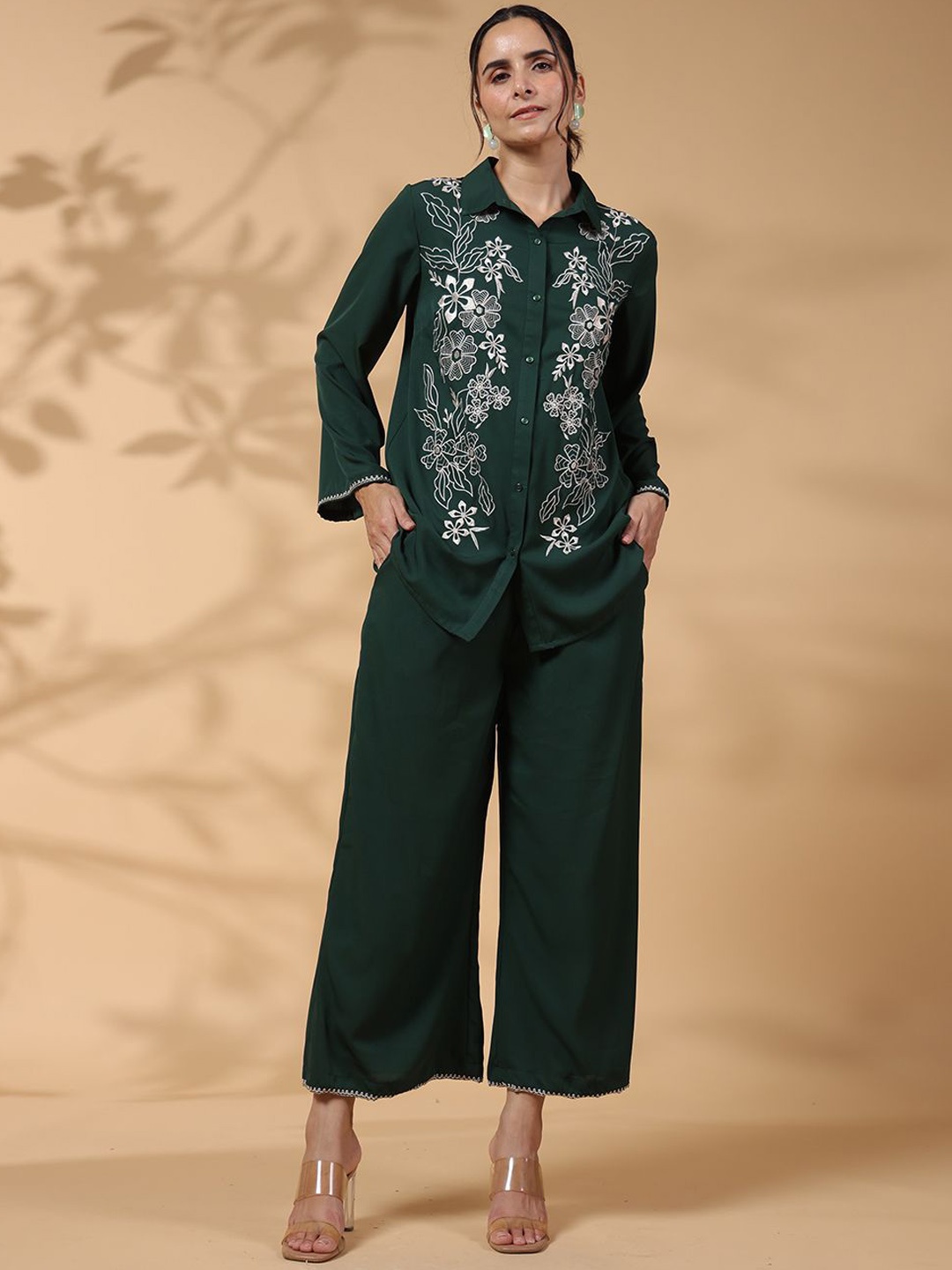 

STIL O STITCH Embroidered Long Sleeves Shirt With Palazzo, Green