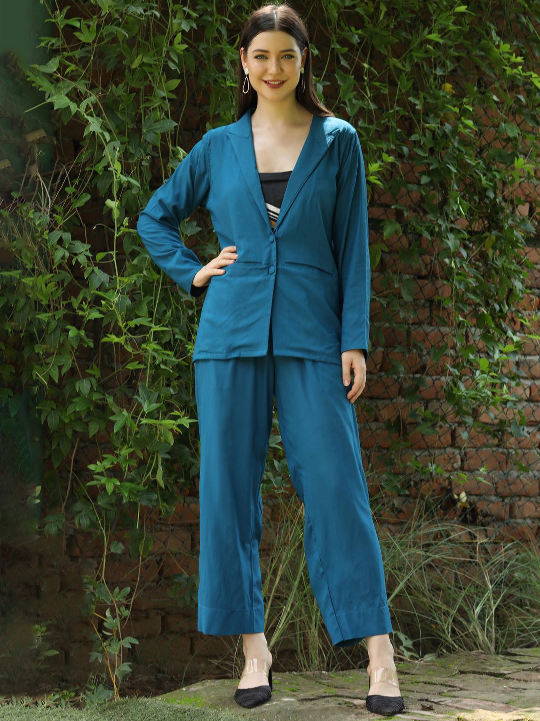 

SHADES OF FAASHION Notched Lapel Collar Pure Cotton Blazer With Trouser, Blue