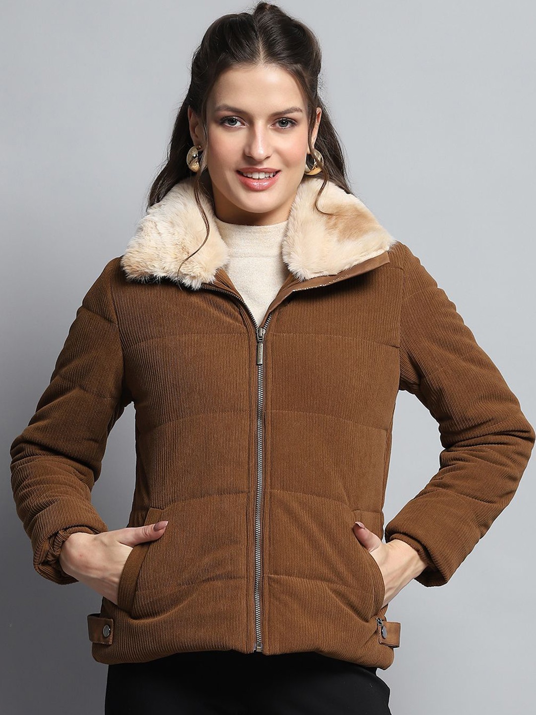 

Monte Carlo Women Spread Collar Solid Casual Parka Lightweight Jacket, Coffee brown