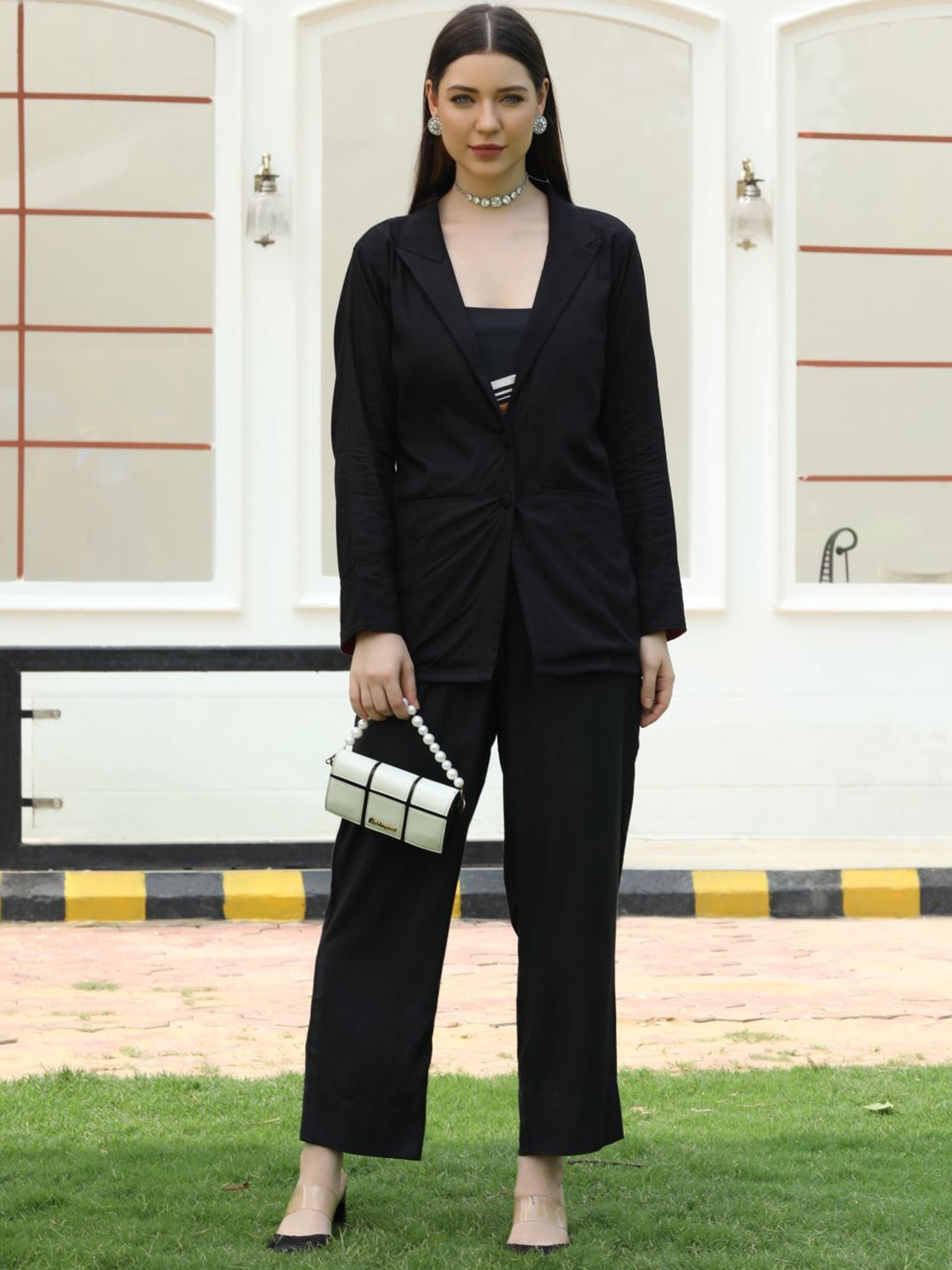 

SHADES OF FAASHION Notched Lapel Collar Pure Cotton Blazer With Trousers, Black