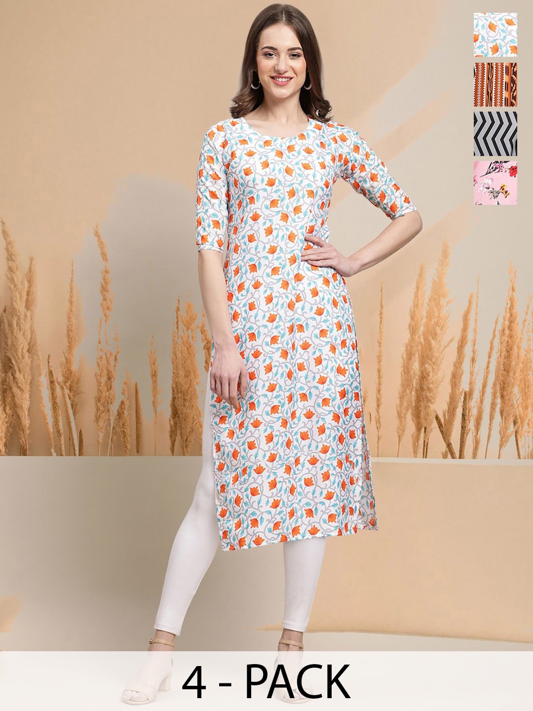 

7Threads Selection Of 4 Floral Printed Round Neck Straight Kurtas, White