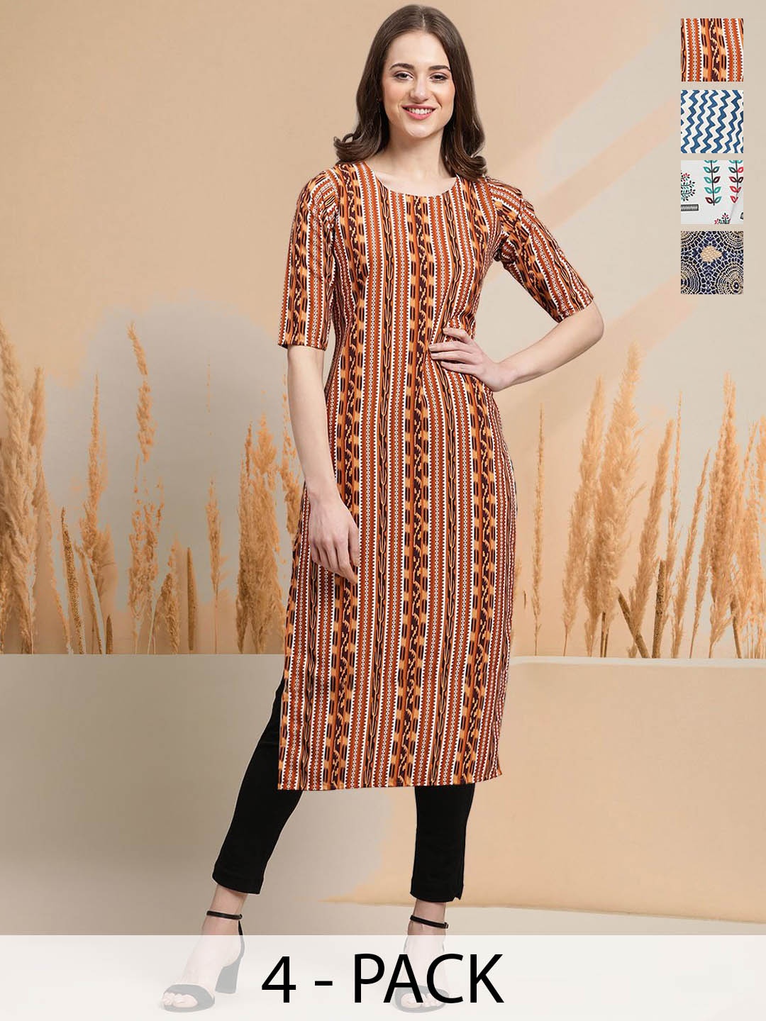 

7Threads Selection Of 4 Ethnic Motifs Printed Round Neck Straight Kurtas, Brown