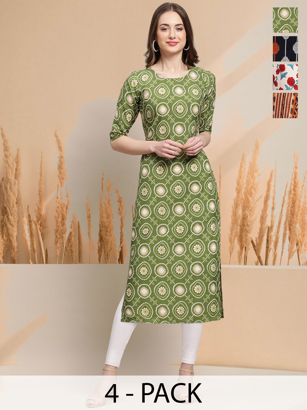 

7Threads Selection Of 4 Ethnic Motifs Printed Round Neck Straight Kurtas, Green