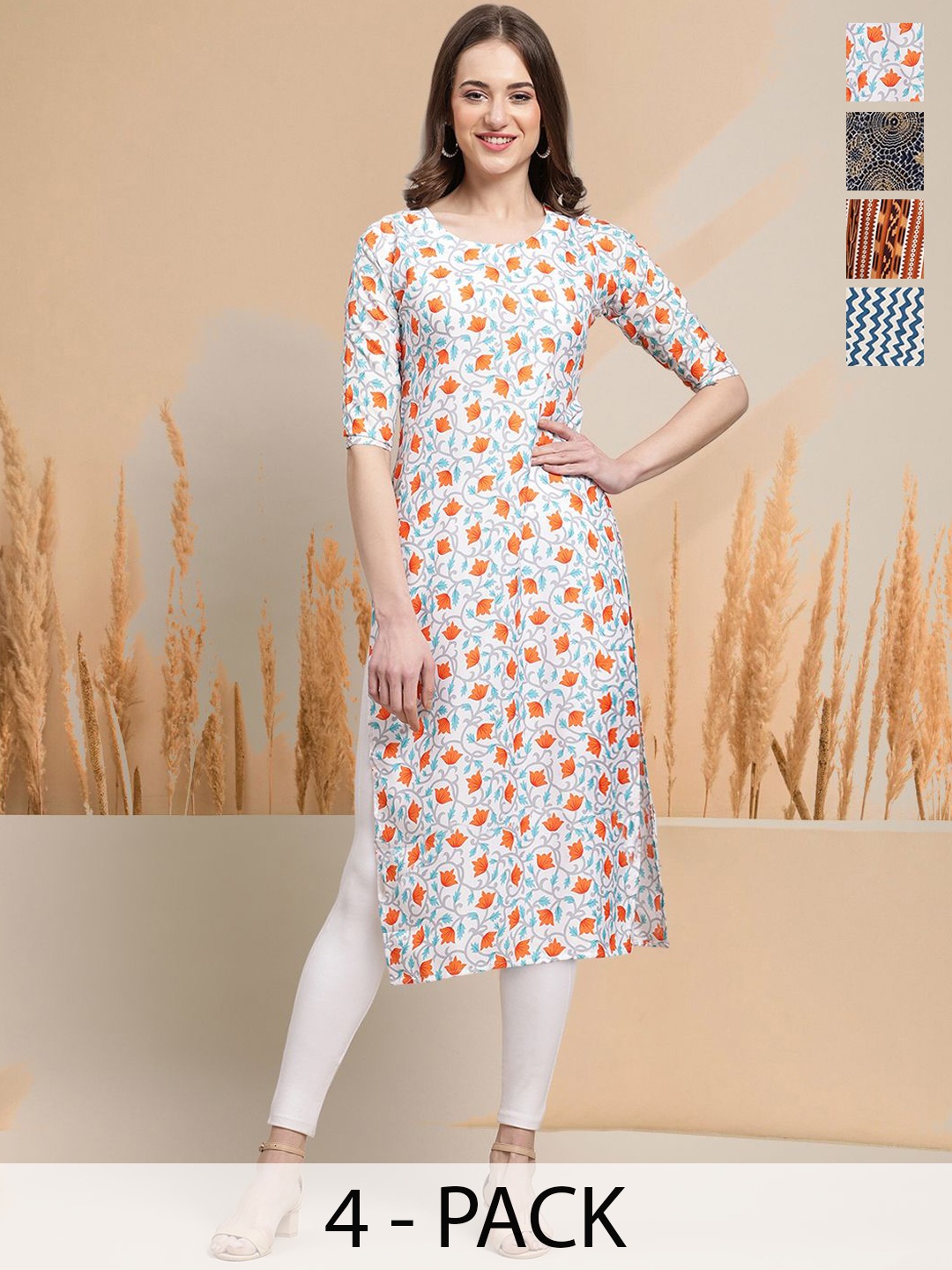 

7Threads Selection Of 4 Floral Printed Round Neck Straight Kurtas, Orange