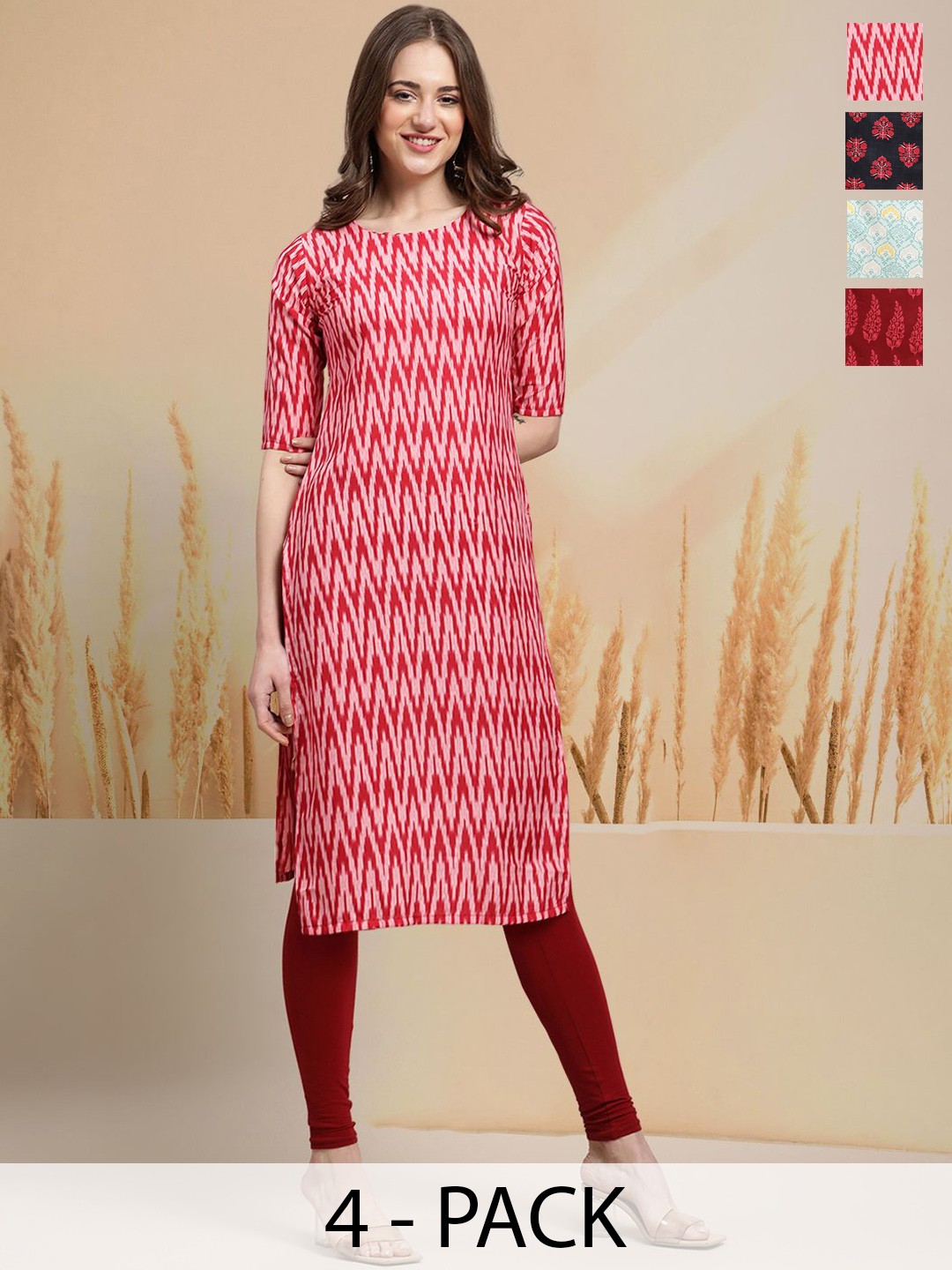 

7Threads Selection Of 4 Chevron Printed Round Neck Kurta, Red