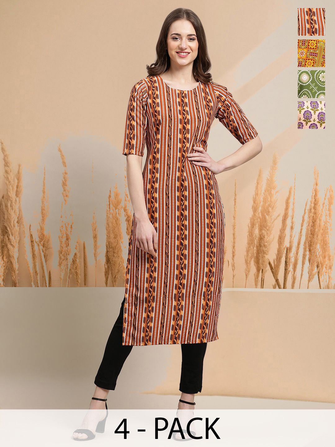 

7Threads Selection Of 4 Geometric Printed Round Neck Straight Kurtas, Orange