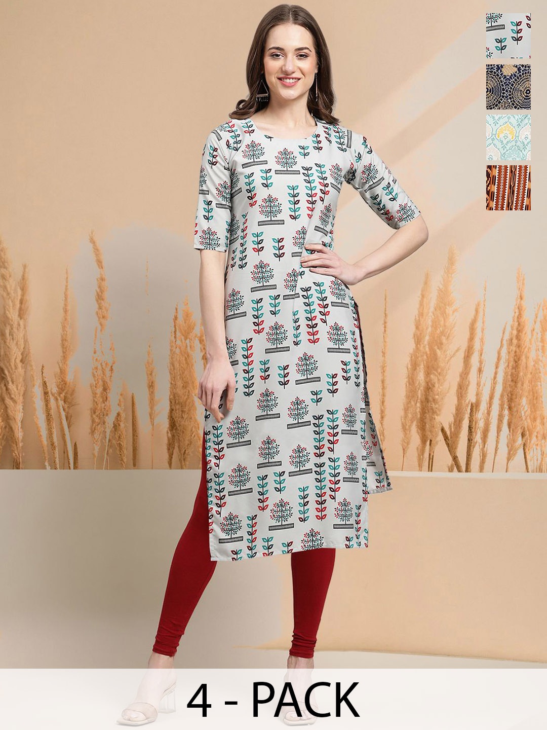 

7Threads Selection Of 4 Ethnic Motifs Printed Round Neck Straight Kurtas, White