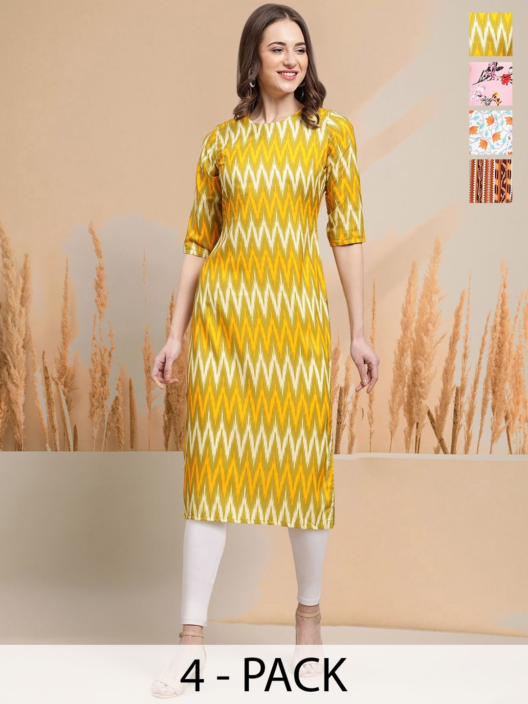 

7Threads Selection Of 4 Chevron Printed Round Neck Straight Kurtas, Yellow