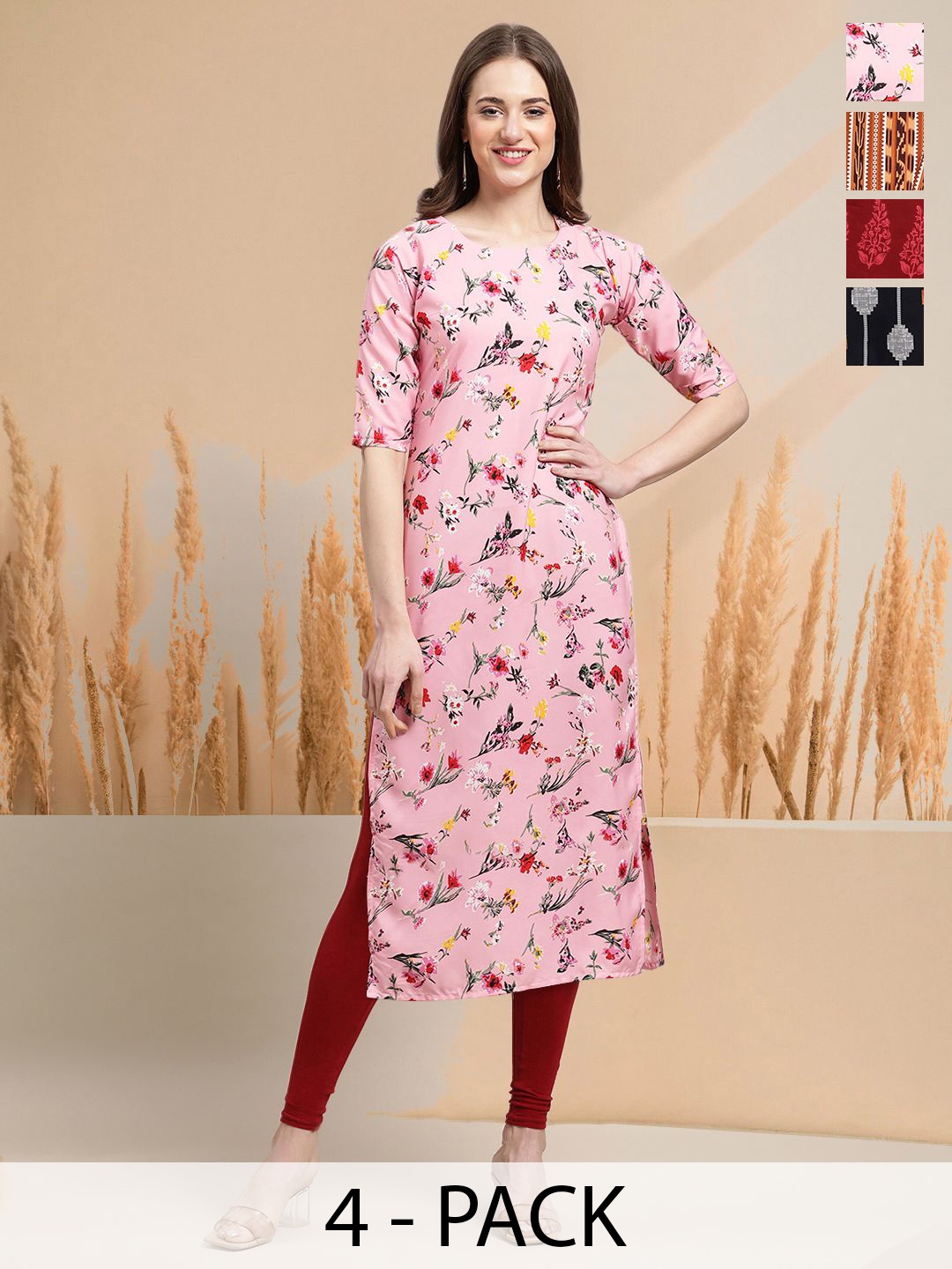 

7Threads Selection Of 4 Floral Printed Round Neck Straight Kurtas, Pink