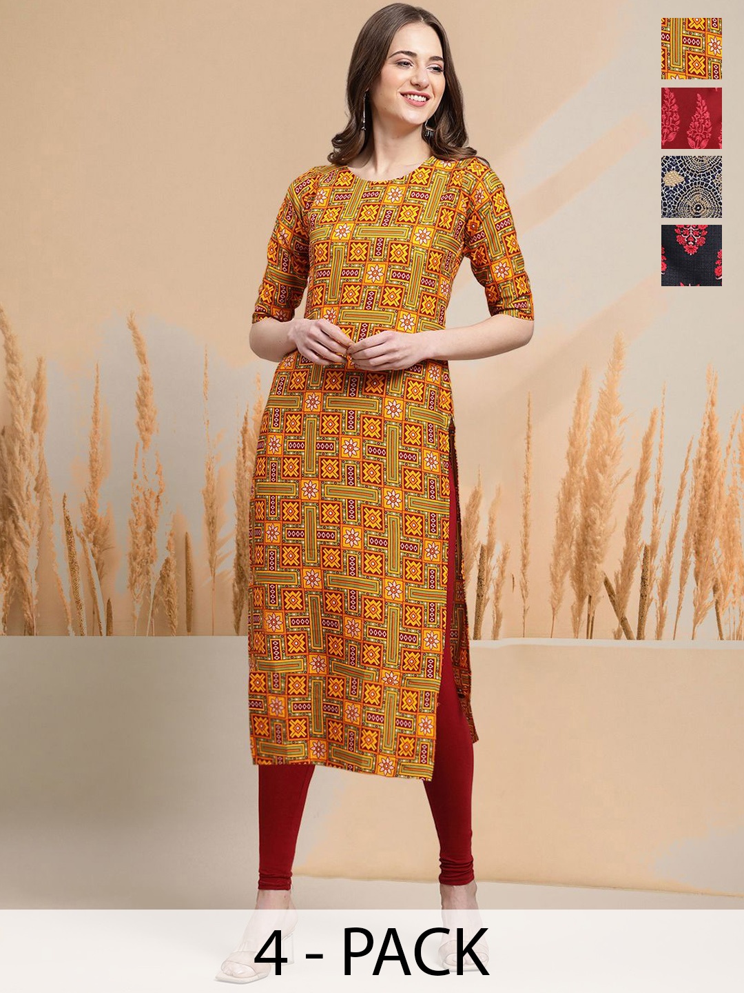 

7Threads Selection Of 4 Geometric Printed Round Neck Straight Kurtas, Yellow