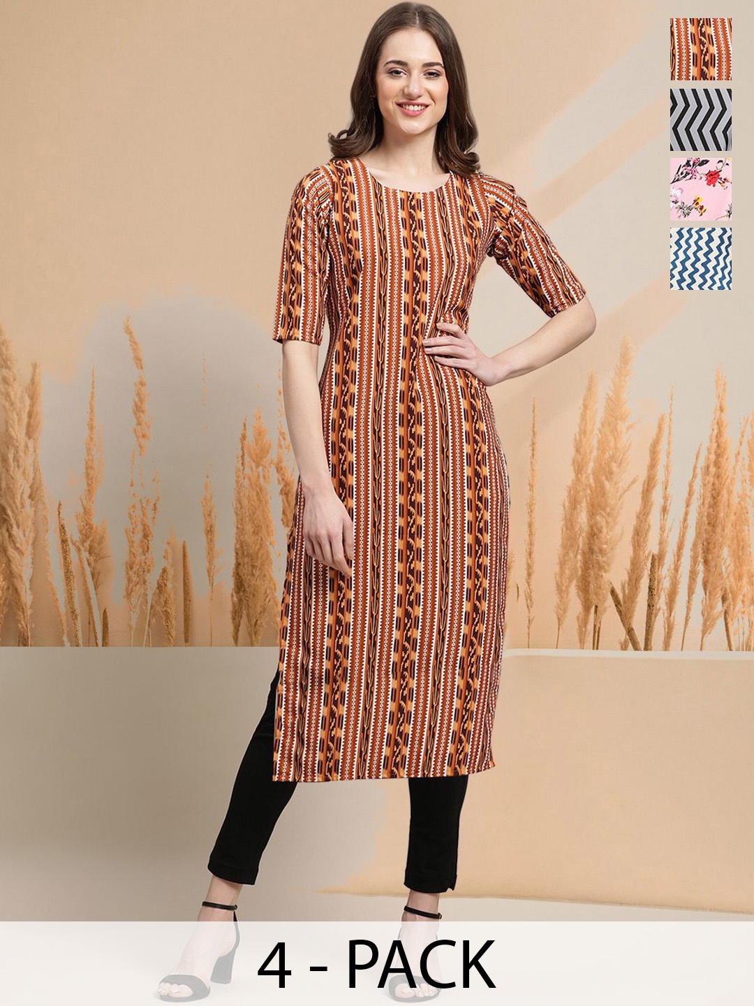 

7Threads Selection Of 4 Floral Printed Round Neck Straight Kurtas, Brown