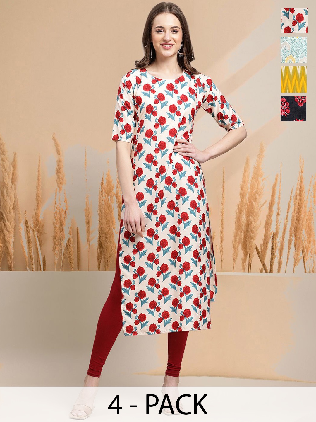 

7Threads Selection of 4 Floral Printed Round Neck Straight Kurtas, White