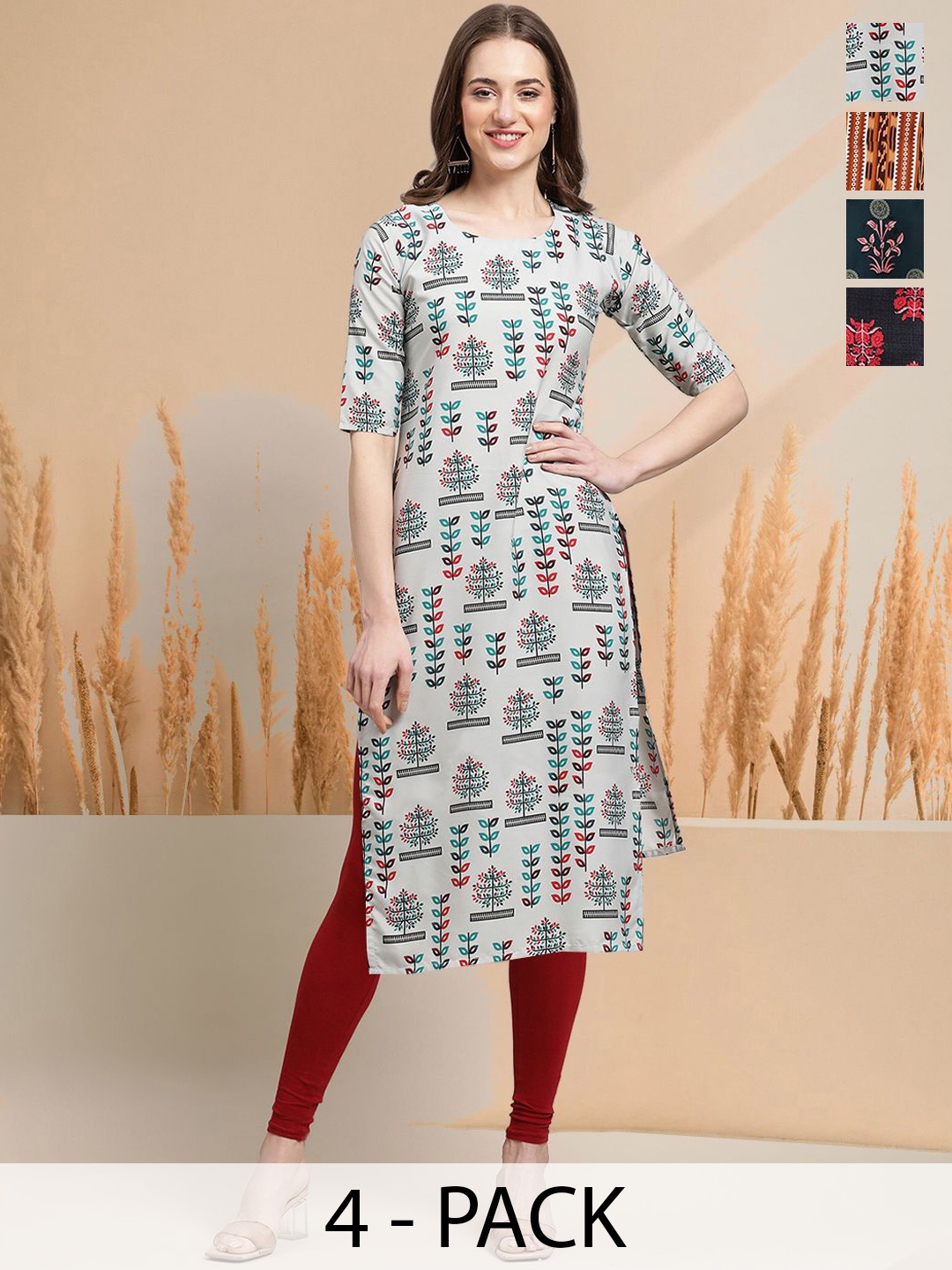 

7Threads Selection Of 4 Floral Printed Round Neck Straight Kurtas, Grey