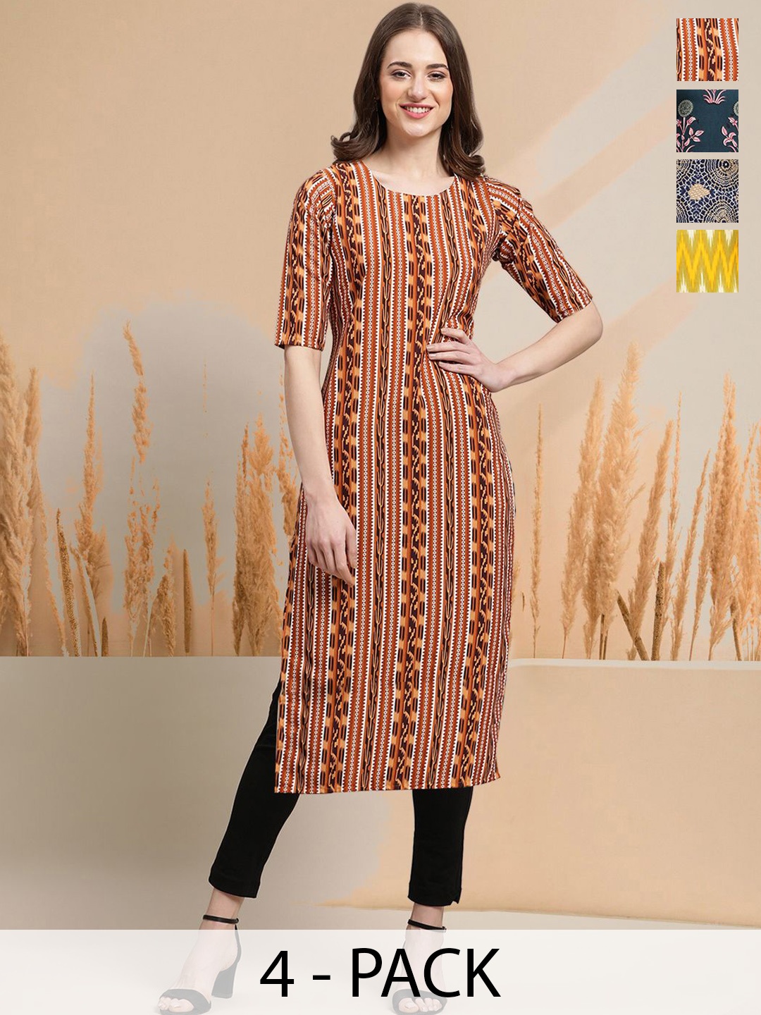 

7Threads Selection Of 4 Geometric Printed Round Neck Straight Kurtas, White