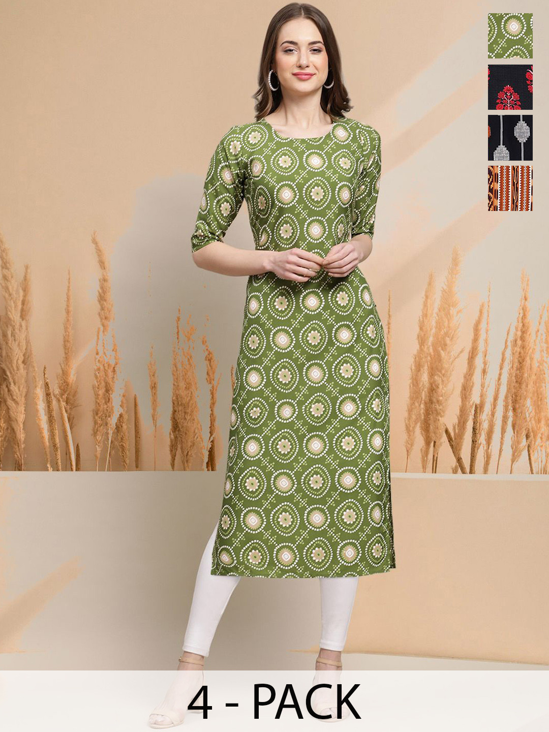 

7Threads Selection Of 4 Geometric Printed Round Neck Straight Kurtas, Green