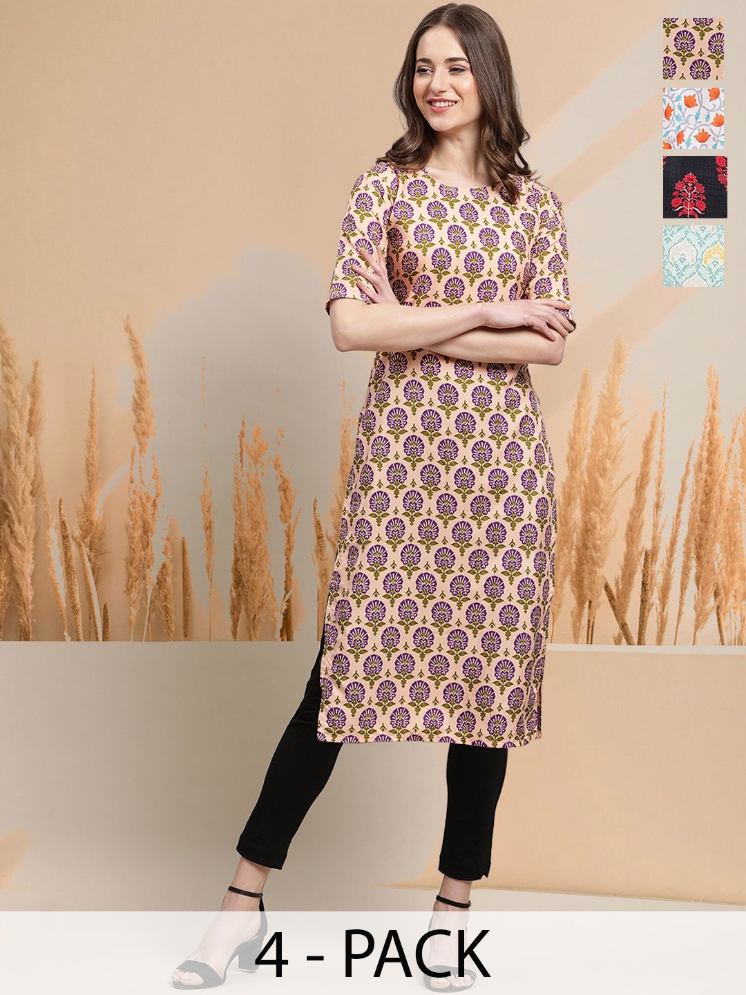 

7Threads Selection Of 4 Floral Printed Round Neck Straight Kurtas, Cream