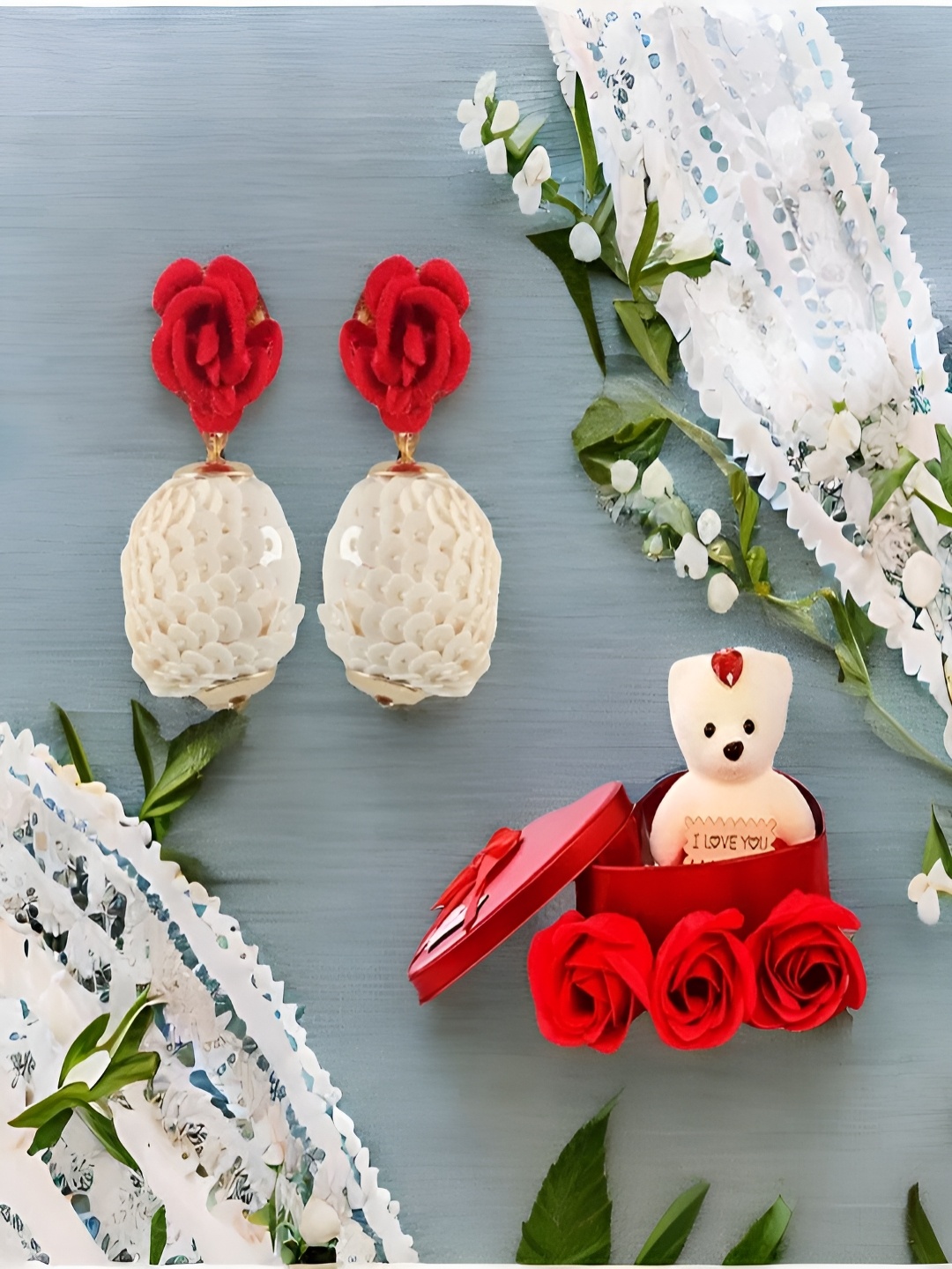 

UNIVERSITY TRENDZ White & Red Earrings & Teddy Bear Combo Gift Set