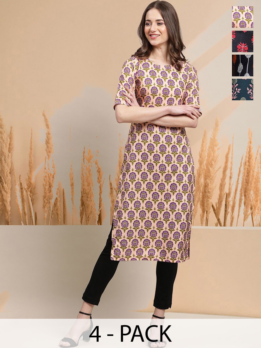 

7Threads Selection Of 4 Floral Printed Round Neck Straight Kurtas, Peach