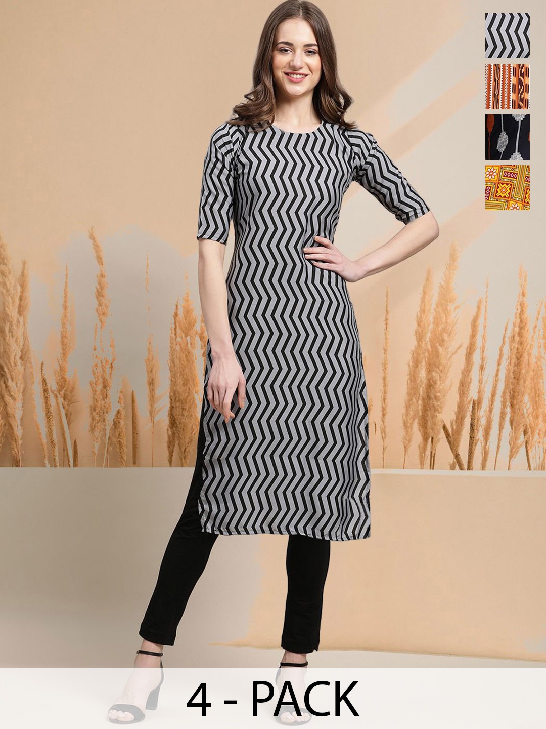 

7Threads Selection Of 4 Chevron Printed Round Neck Straight Kurtas, Grey