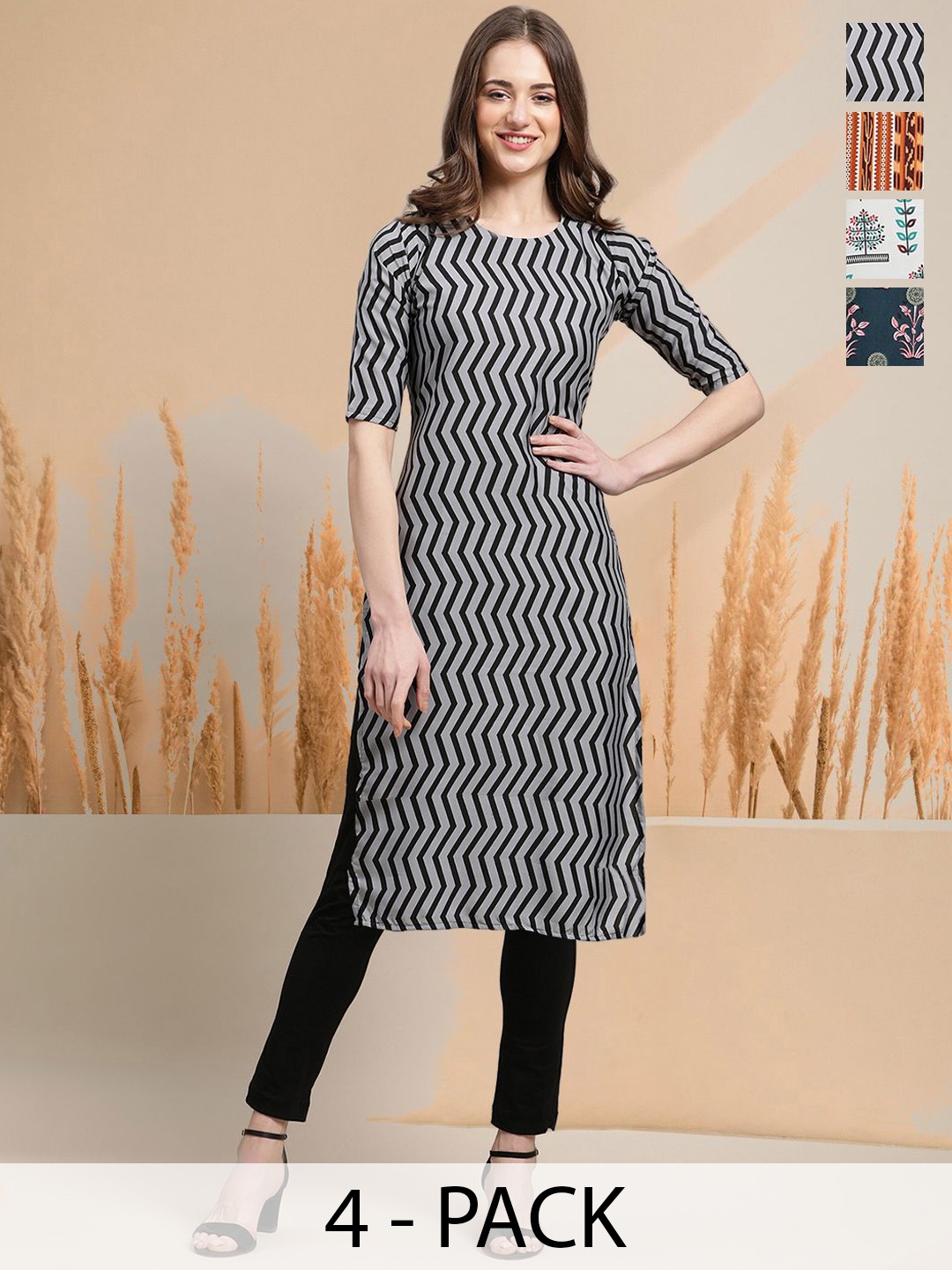 

7Threads Selection Of 4 Chevron Printed Round Neck Straight Kurtas, Grey