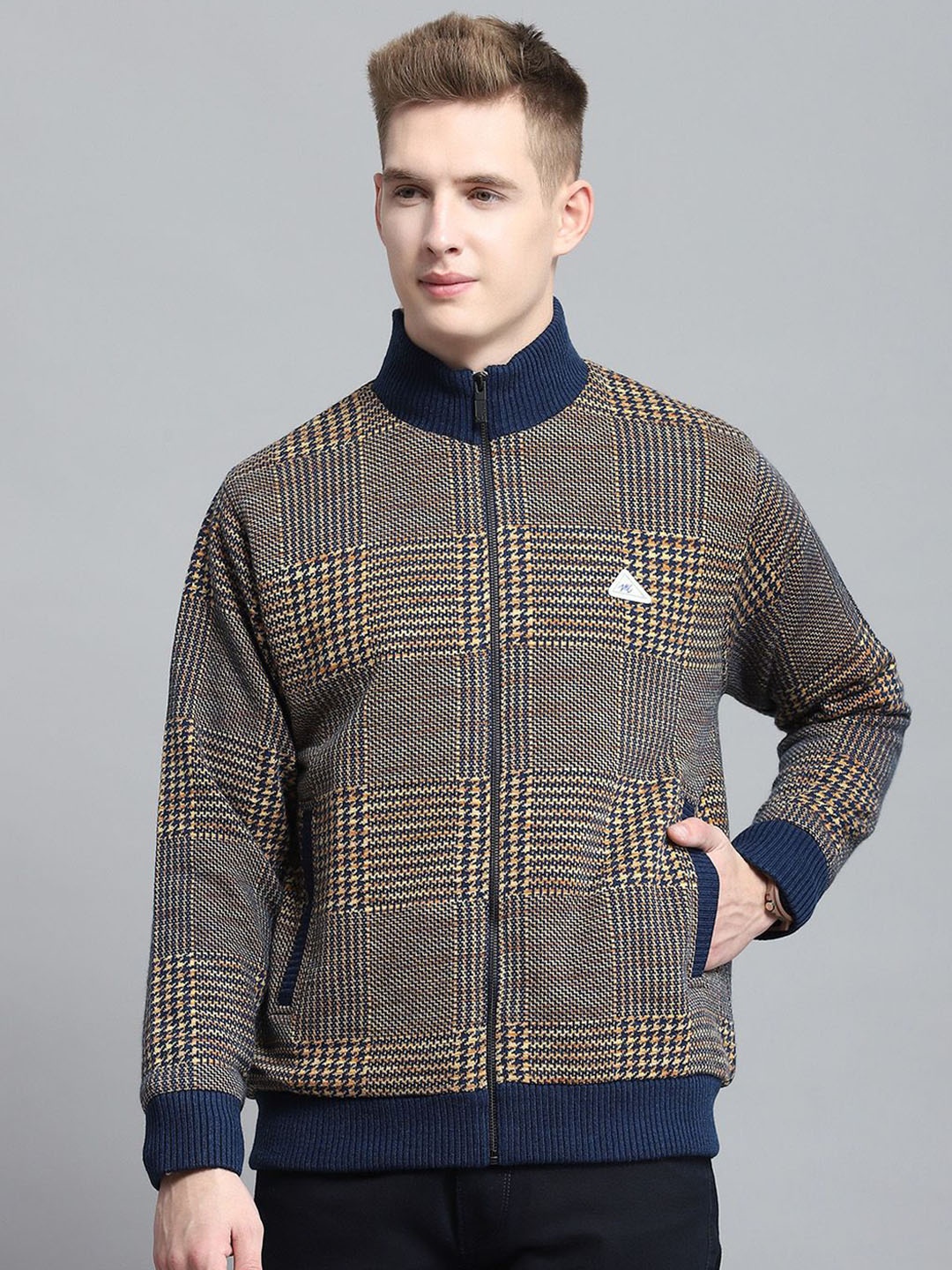 

Monte Carlo Men Mock Collar Checked Woollen Casual Bomber Lightweight Jacket, Blue