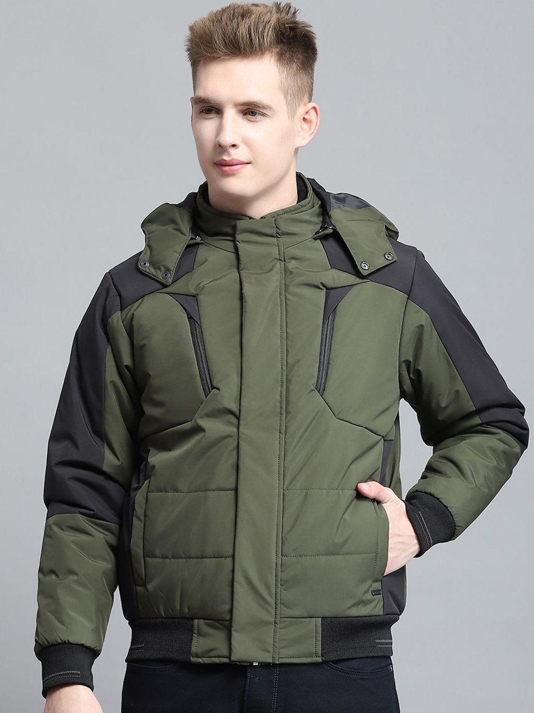 

Monte Carlo Men Hooded Colourblocked Casual Bomber Lightweight Jacket, Olive