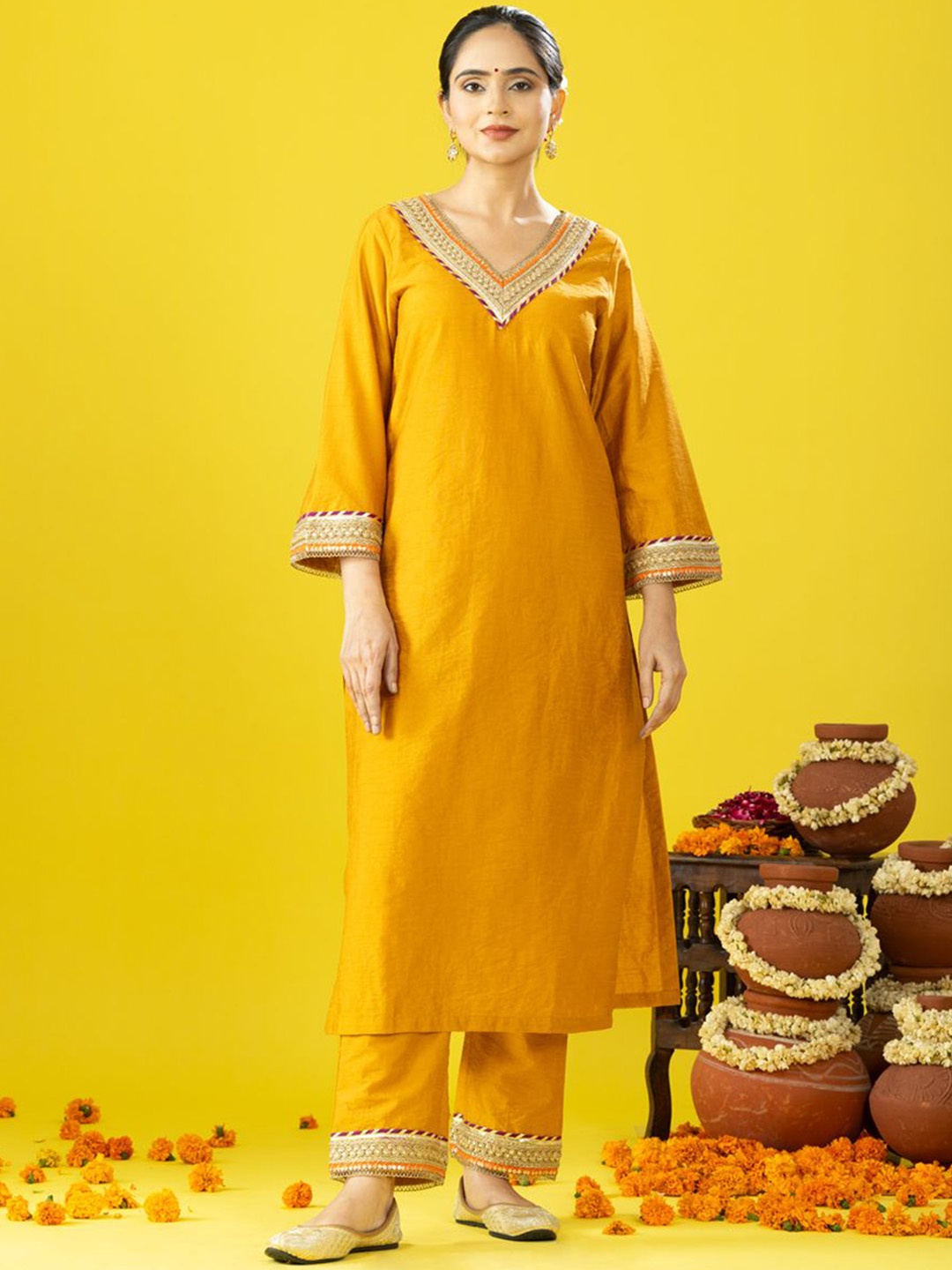 

HANDIKART Embroidered V-Neck Flared Sleeves Straight Kurta With Trouser, Mustard