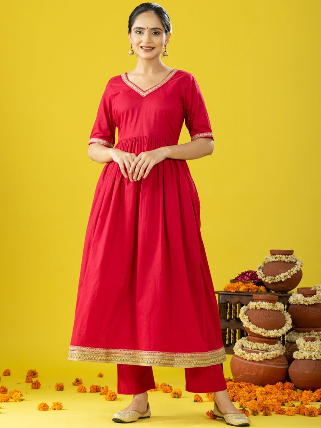 

HANDIKART V-Neck Pleated Gotta Patti Anarkali Kurta With Trouser & Dupatta, Magenta